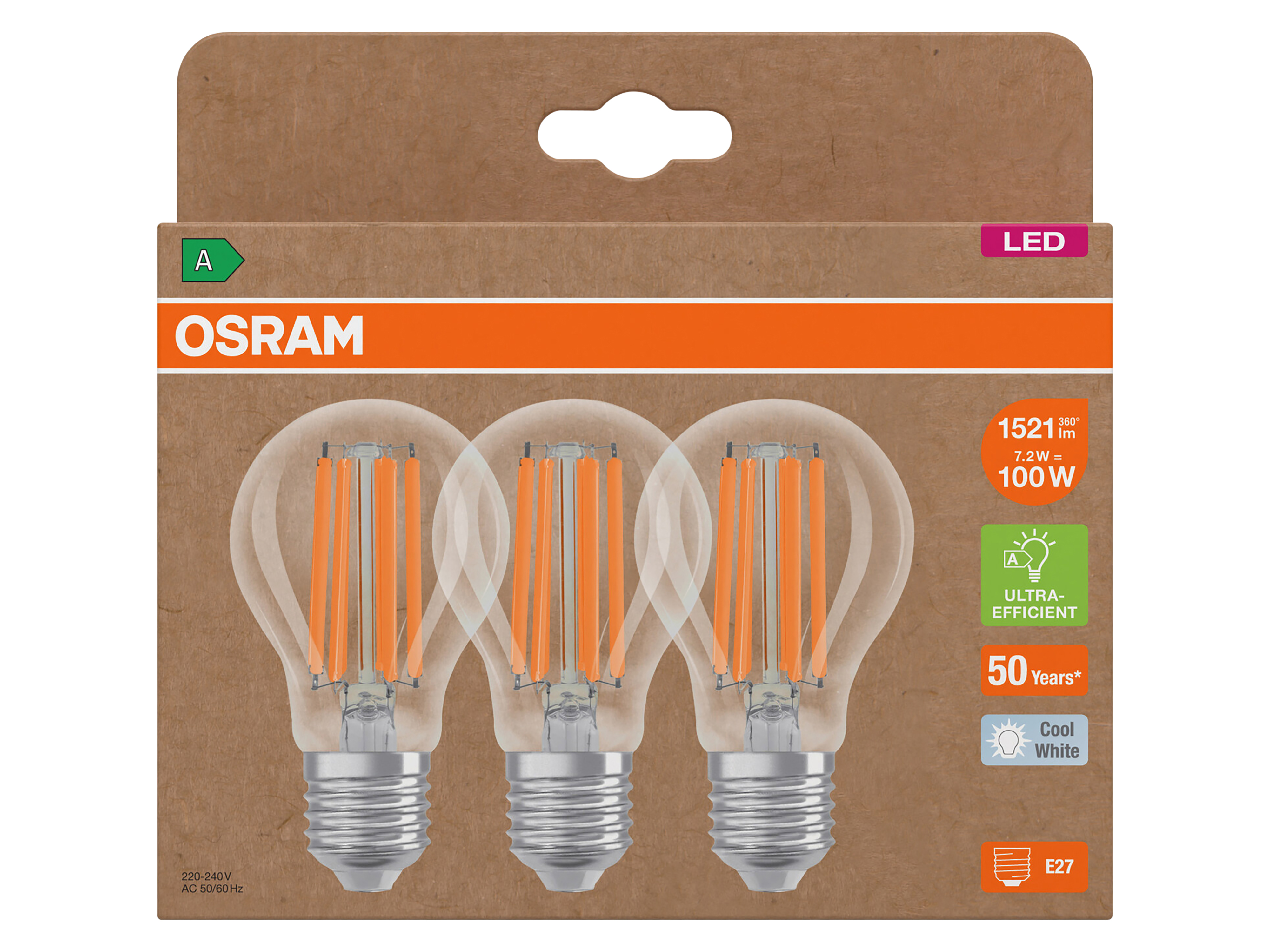 OSRAM LED-Lampe, E27, 7,2W, 4000K, EEK: A, 1521lm, warmweiß, IP20, klar