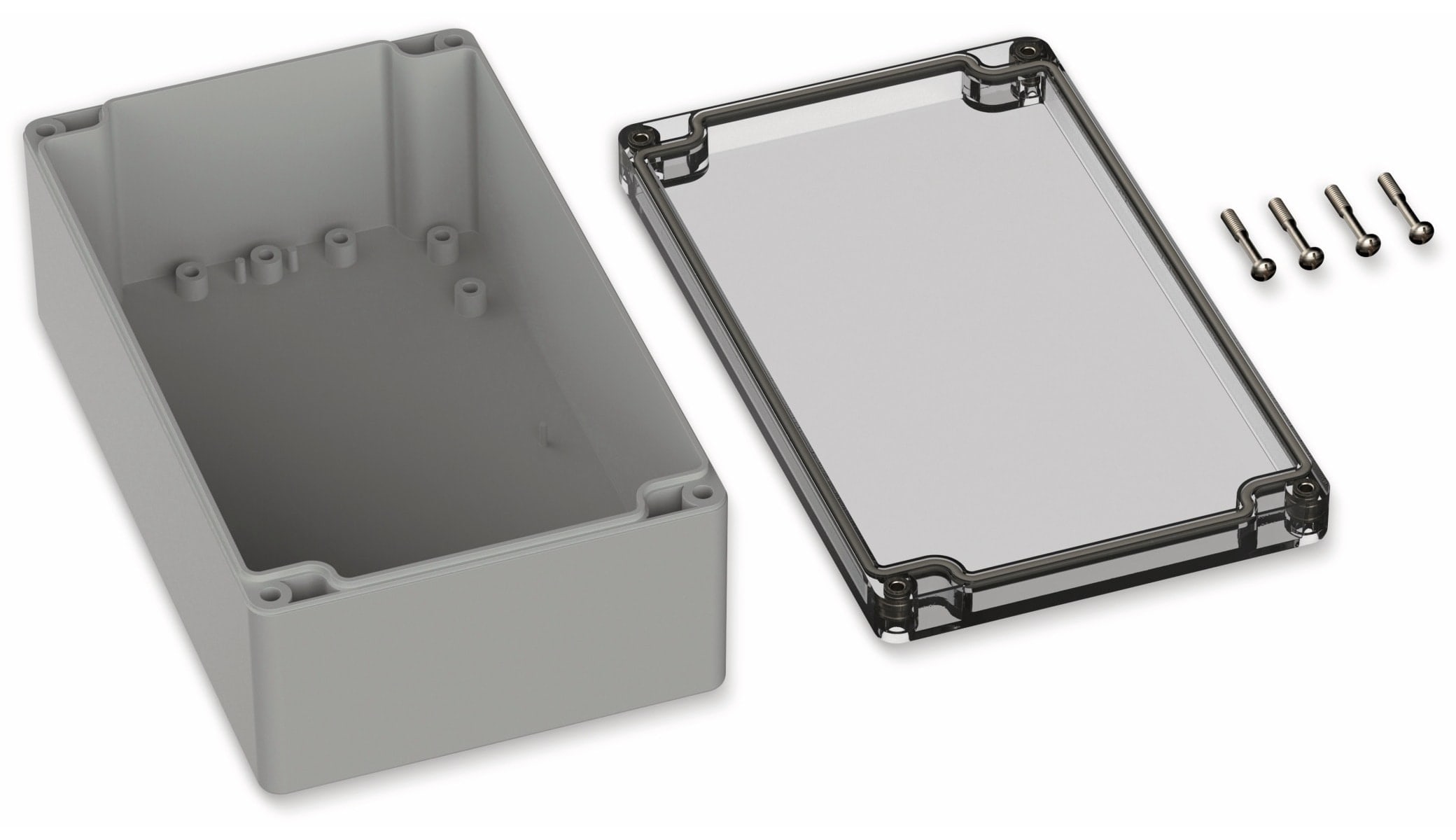 POLLIN, Polycarbonat Gehäuse, 200 x 120 x 75 mm, IP66, Lichtgrau, Glasklarer Deckel POLLIN, Polycarbonat Gehäuse, 200 x 120 x 75 mm, IP66, Lichtgrau, Glasklarer Deckel