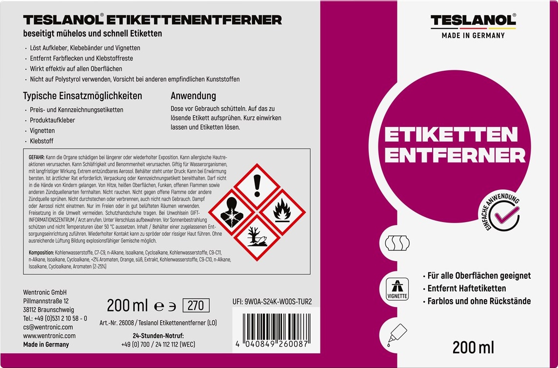 TESLANOL Etikettenentferner-Spray 26008, 200 ml TESLANOL 26008 Etikettenentferner-Spray, 200 ml