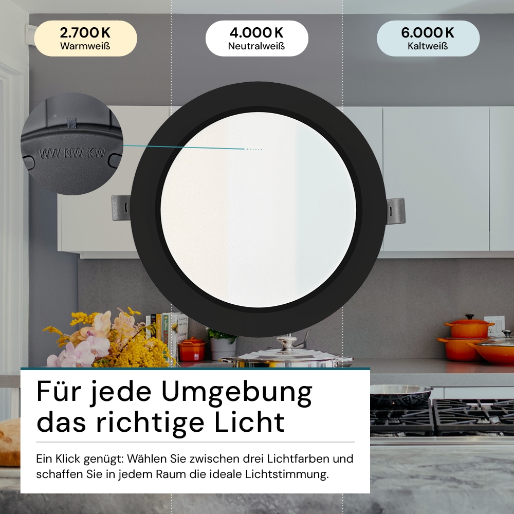 LUXULA LED-Einbauleuchte, 12W, EEK: F, 1200lm, CCT, IP44, schwarz LUXULA LED-Einbauleuchte, 12W, EEK: F, 1200lm, CCT, IP44, schwarz