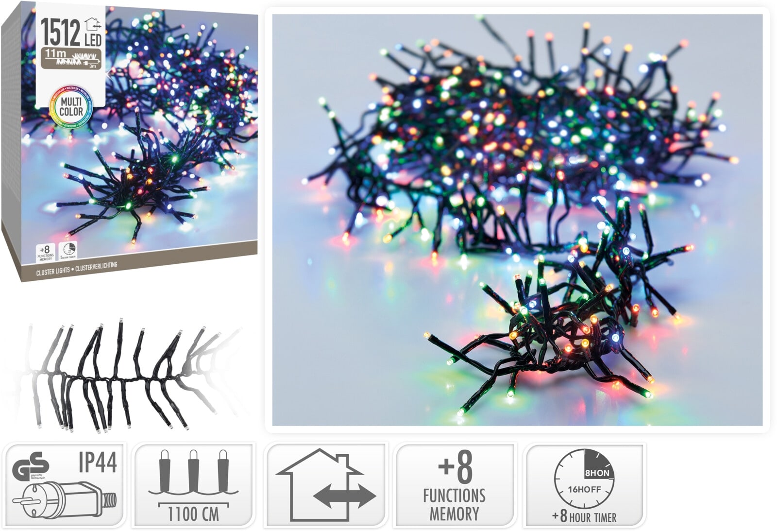 LED-Clusterlichterkette Büschel bunt, 1512 LEDs, schwarzes Kabel, Innen/Außen, 14m KOOPMAN LED-Clusterlichterkette Büschel bunt, 1512 LEDs, schwarzes Kabel, Innen/Außen, 14m