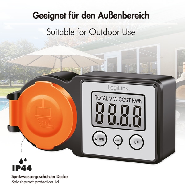 LOGILINK Außensteckdose mit Energiekostenmesser, 2"-LCD-Display, Schutzklappe