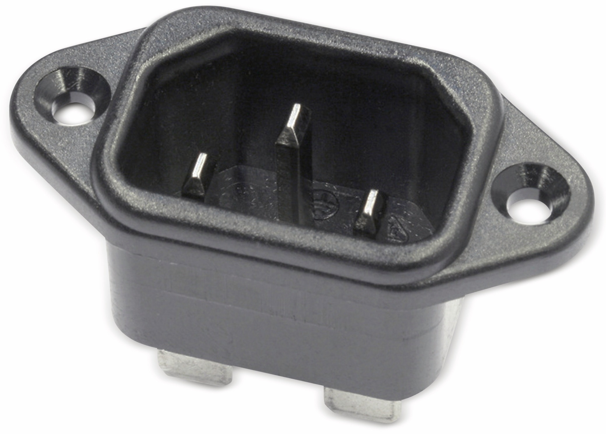 Kaltgeräte Einbaustecker mit horizontalem Flansch, schwarz Kaltgeräte Einbaustecker mit horizontalem Flansch, schwarz