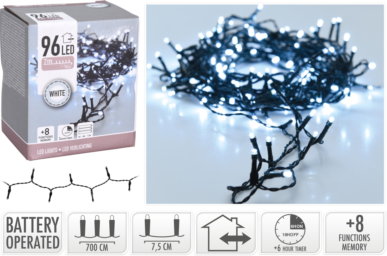 KOOPMAN LED-Lichterkette kaltweiß, 96 LEDs, Batteriebetrieben, schwarzes Kabel, Innen/Außen, 7,50m