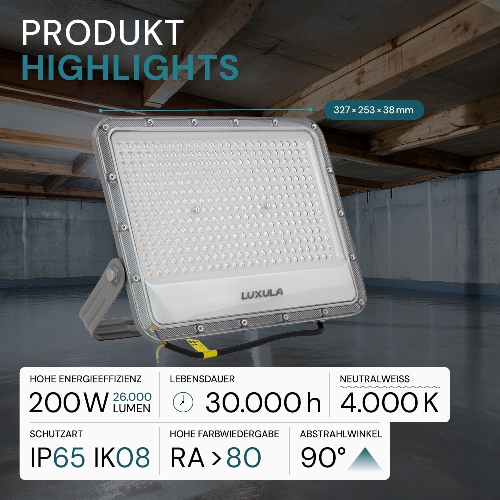 LUXULA LED-Fluter, EEK: E, 200W, 26000lm, 4000K, IP65, grau LUXULA LED-Fluter, EEK: E, 200W, 26000lm, 4000K, IP65, grau
