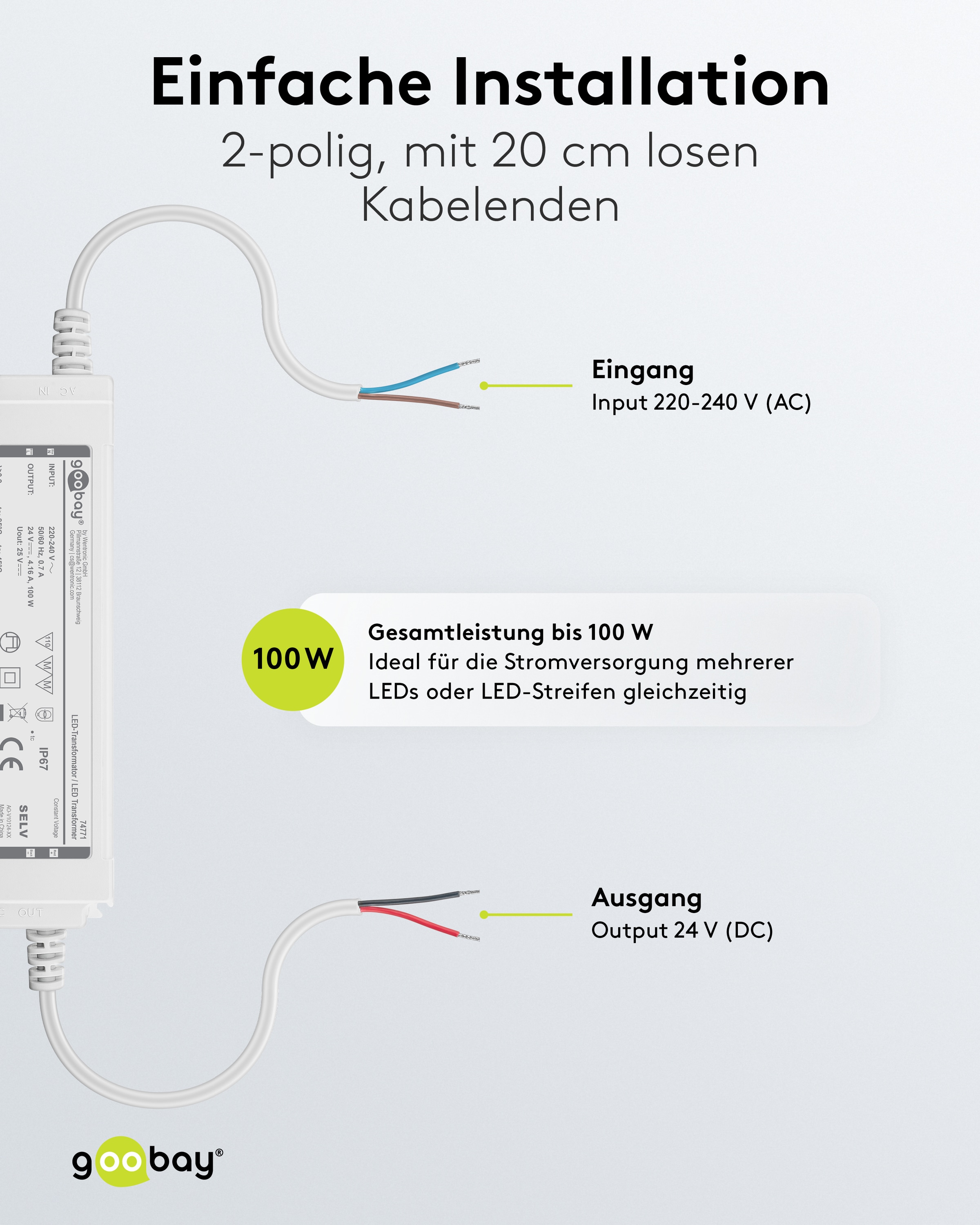 GOOBAY Wetterfester LED-Trafo 24V DC, 100W, 4.16 A, IP67 Wetterfester LED-Trafo GOOBAY 24V DC, 100W, 4.16 A, IP67