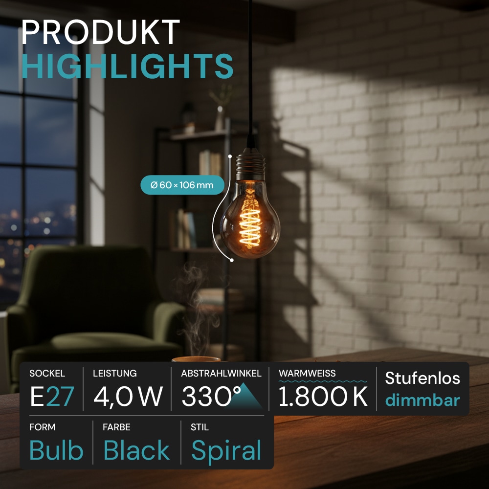 LUXULA LED-Filament-Lampe, SPIRAL, Bulb, E27, 4W, 40lm, 1800K, dimmbar LUXULA LED-Filament-Lampe, SPIRAL, Bulb, E27, 4W, 40lm, 1800K, dimmbar