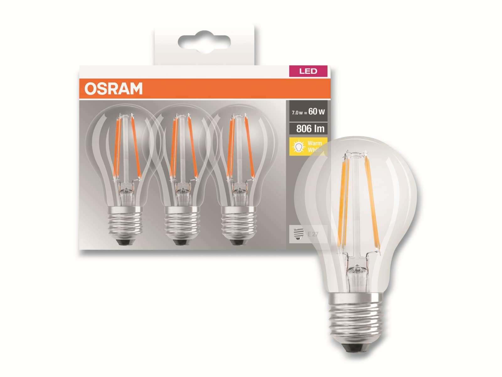 OSRAM LED-Lampe BASE CLASSIC A60, E27, EEK: E, 7 W, 806 lm, 2700 K, 3 Stück OSRAM LED-Lampe BASE CLASSIC A60, E27, EEK: E, 7 W, 806 lm, 2700 K, 3 Stück