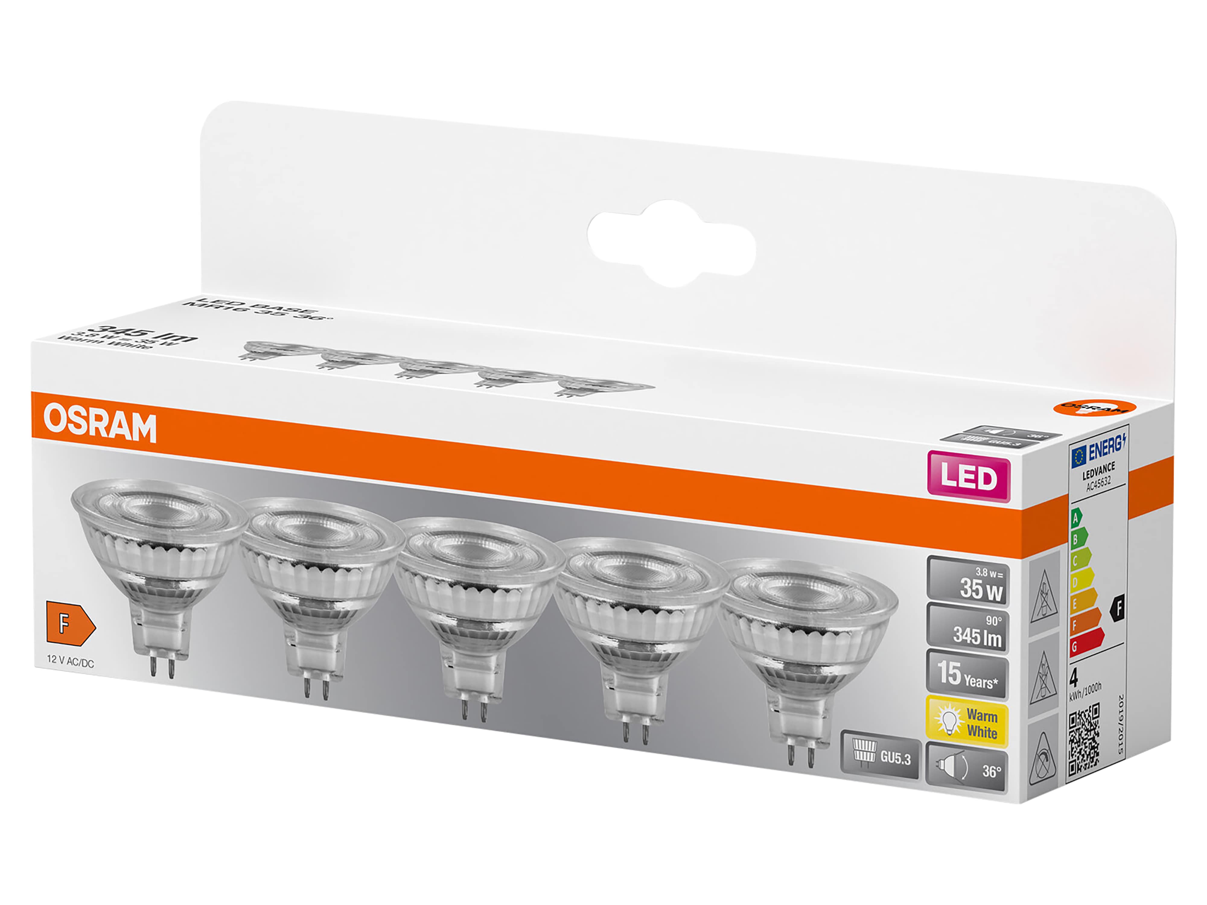 OSRAM LED-Lampe MR16, 5 Stück, GU5,3, 3,8 W, 345 lm, 2700 K OSRAM LED-Lampe MR16, 5 Stück, GU5,3, 3,8 W, 345 lm, 2700 K