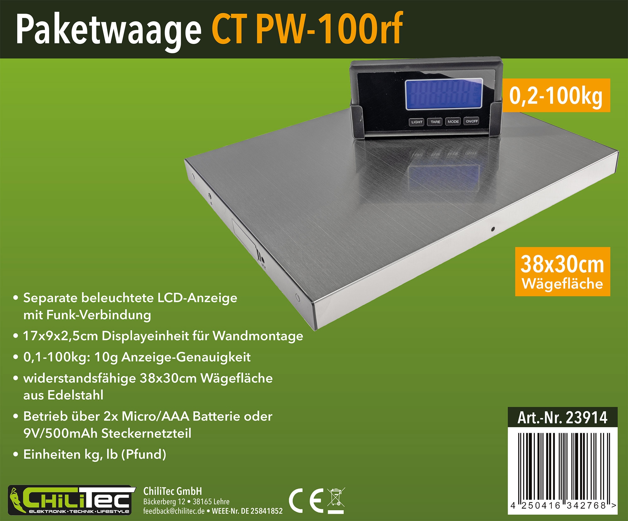 CHILITEC Paketwaage / Versandwaage CT PW-100rf, 0,1...100 kg, 38x30 cm CHILITEC Paketwaage / Versandwaage CT PW-100rf, 0,1...100 kg, 38x30 cm