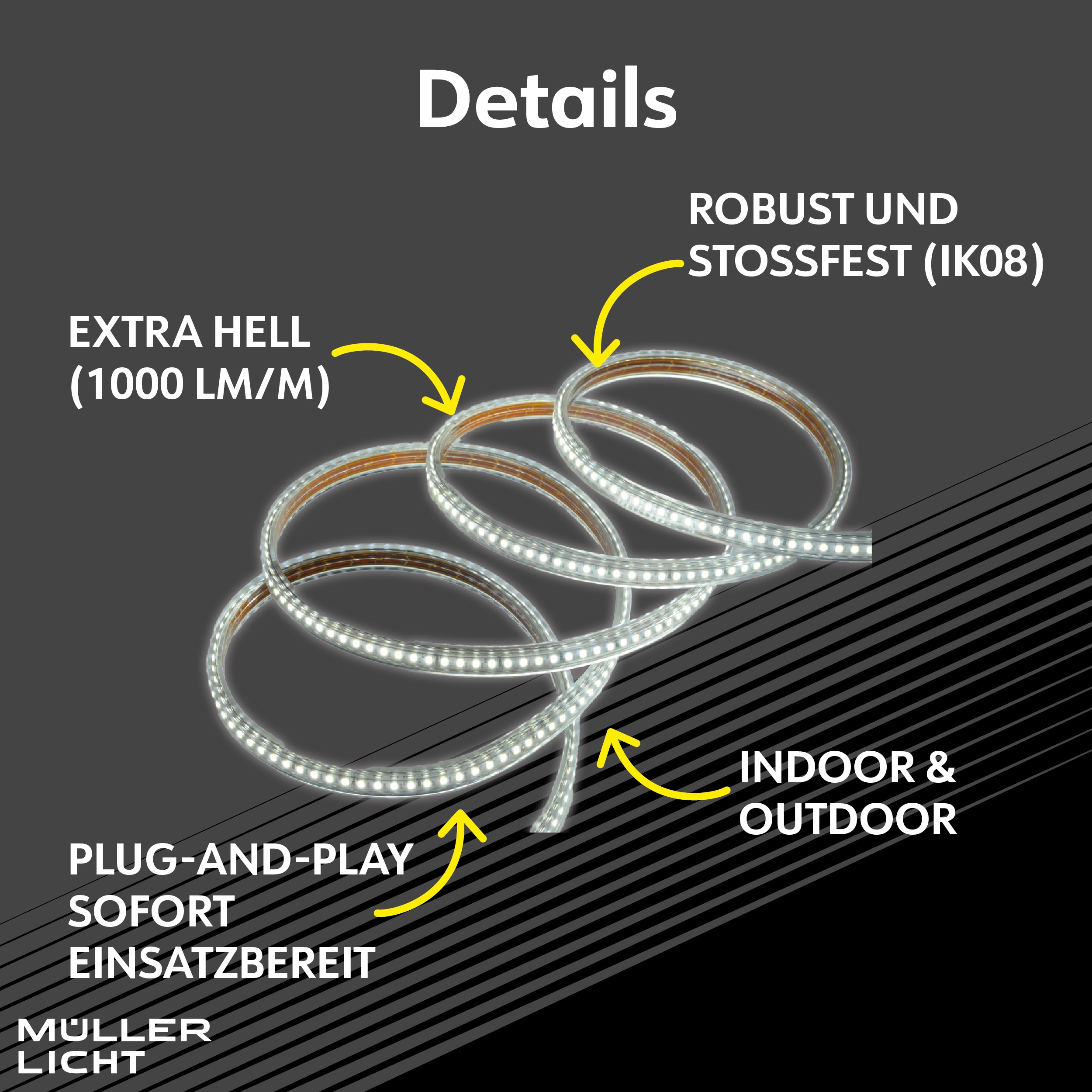 MÜLLER-LICHT LED-Strip Power Stripe 25m, 290 W, 25000 lm, 2700 K, IP44, warmweiß MÜLLER-LICHT LED-Strip Power Stripe 25m, 290 W, 25000 lm, 2700 K, IP44, warmweiß