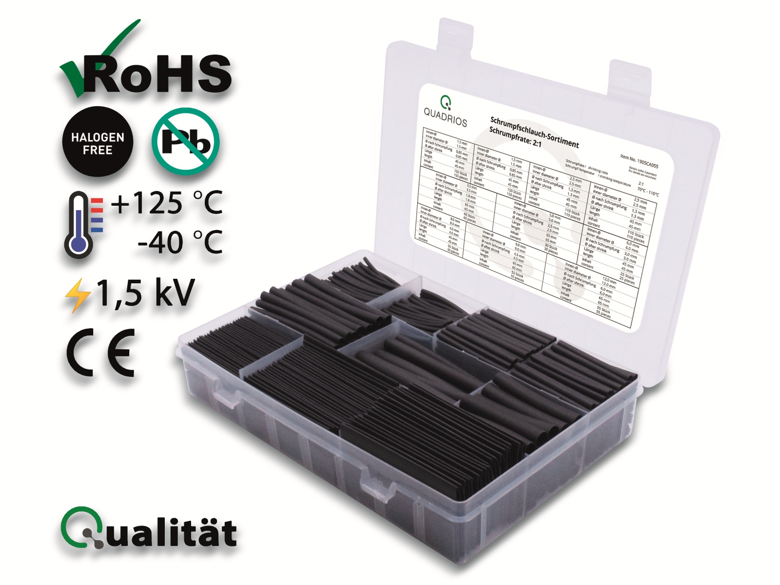 QUADRIOS Schrumpfschlauch Set Sortiment 1905CA055, Industriequalität 2:1, 800 Stück QUADRIOS, 1905CA055, großes Schrumpfschlauch Set Sortiment 800 St Industriequalität 2:1