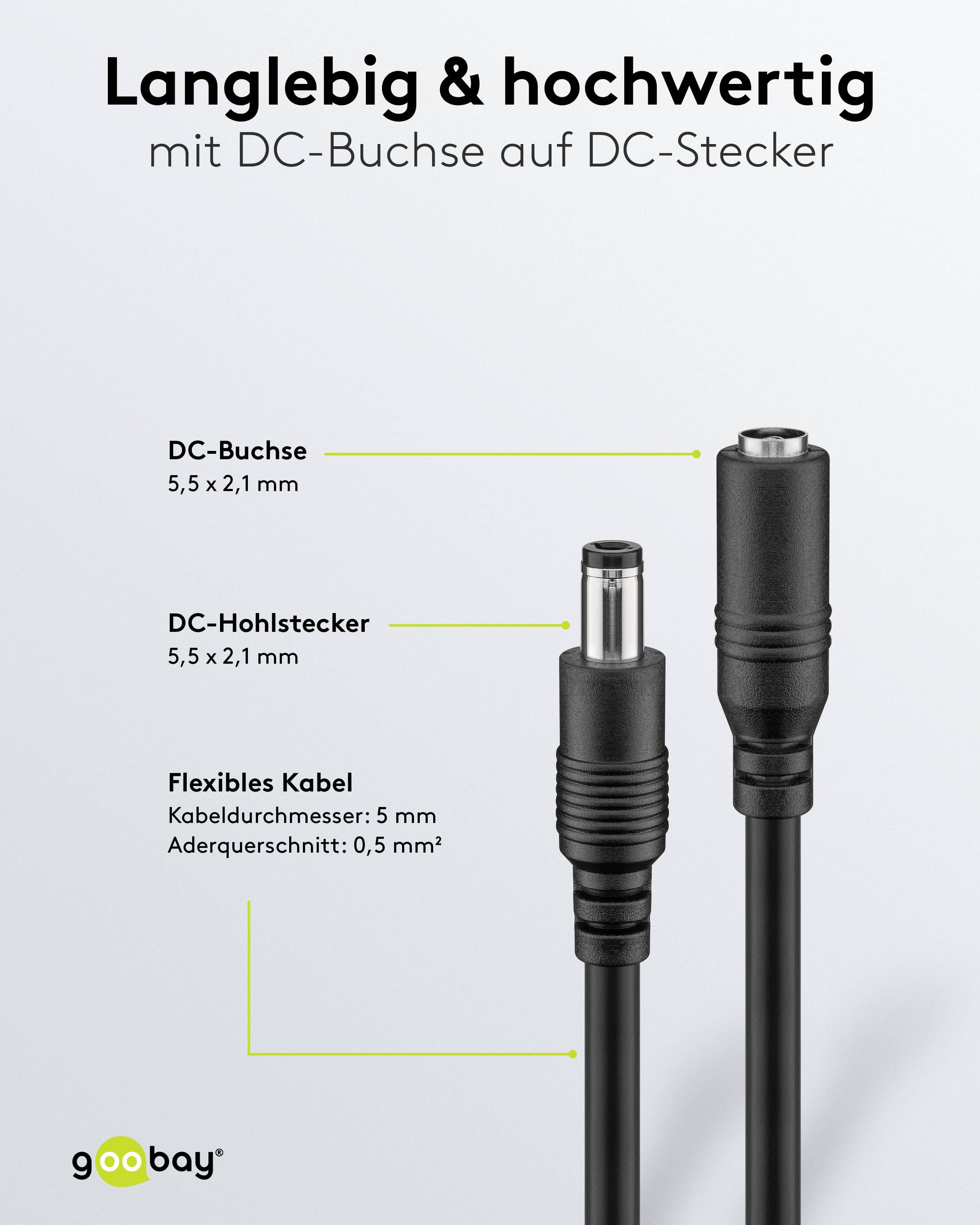 GOOBAY DC-Adapterkabel 2,1 mm, DC-Stecker auf DC-Kupplung, schwarz, 5 m GOOBAY DC-Adapterkabel 2,1 mm, DC-Stecker auf DC-Kupplung, schwarz, 5 m