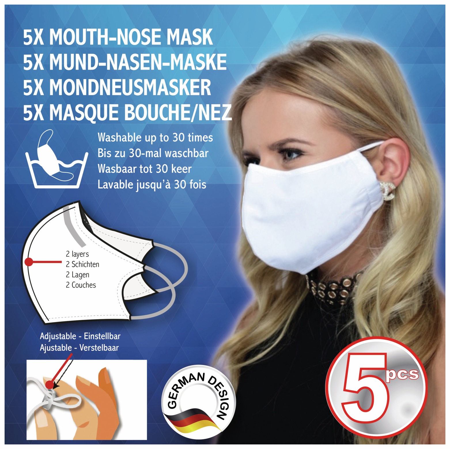 Mundschutzmaske, 2-lagig, waschbar, 5 Stück Mundschutzmaske, 2-lagig, waschbar, 5 Stück