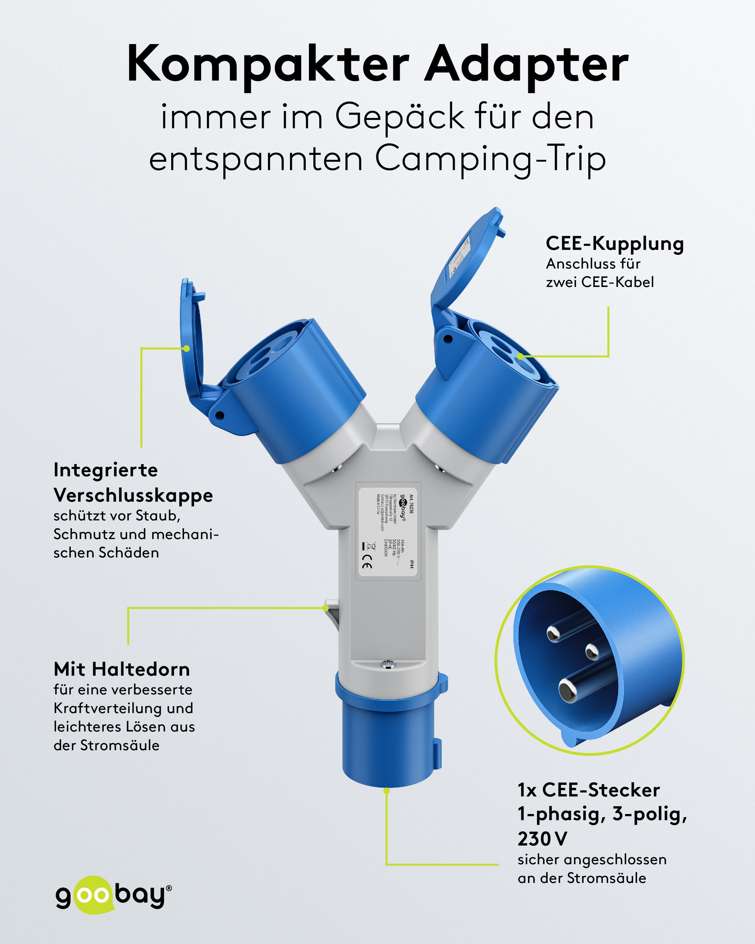 GOOBAY CEE-Adapter Y, 76236, Stecker zu 2x Kupplung GOOBAY CEE-Adapter Y, 76236, Stecker zu 2x Kupplung