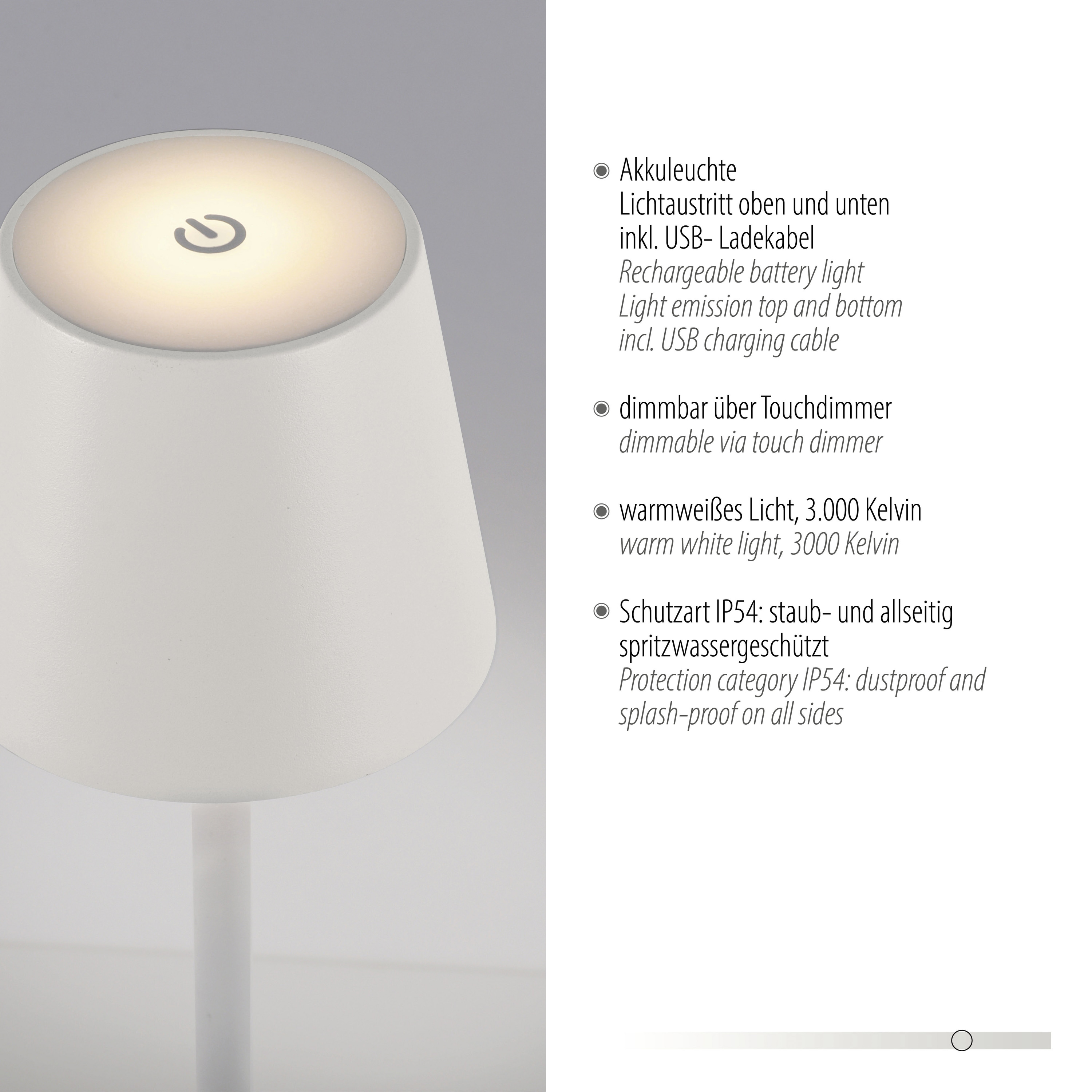 JUST LIGHT LED-Akku-Tischleuchte 19250-16 weiß, 2,5 W, 320 lm, 3000 K, IP54