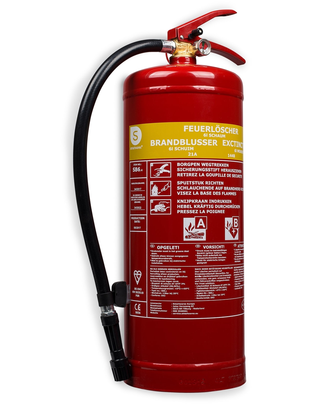 SMARTWARES Feuerlöscher, Schaum, 6 L, Brandklasse 21A, 144B SMARTWARES Feuerlöscher, Schaum, 6 L, Brandklasse 21A, 144B