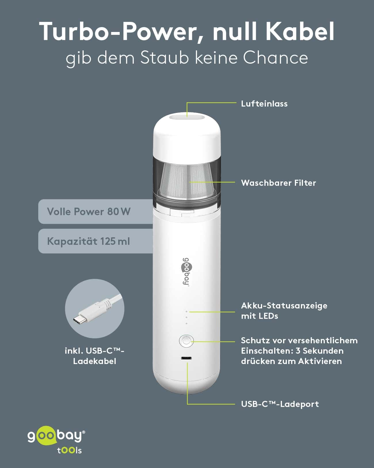 GOOBAY TOOLS Akku-Handstaubsauger, 80 W, mit 10 Aufsätzen, weiß GOOBAY TOOLS Akku-Handstaubsauger, 80 W, mit 10 Aufsätzen, weiß