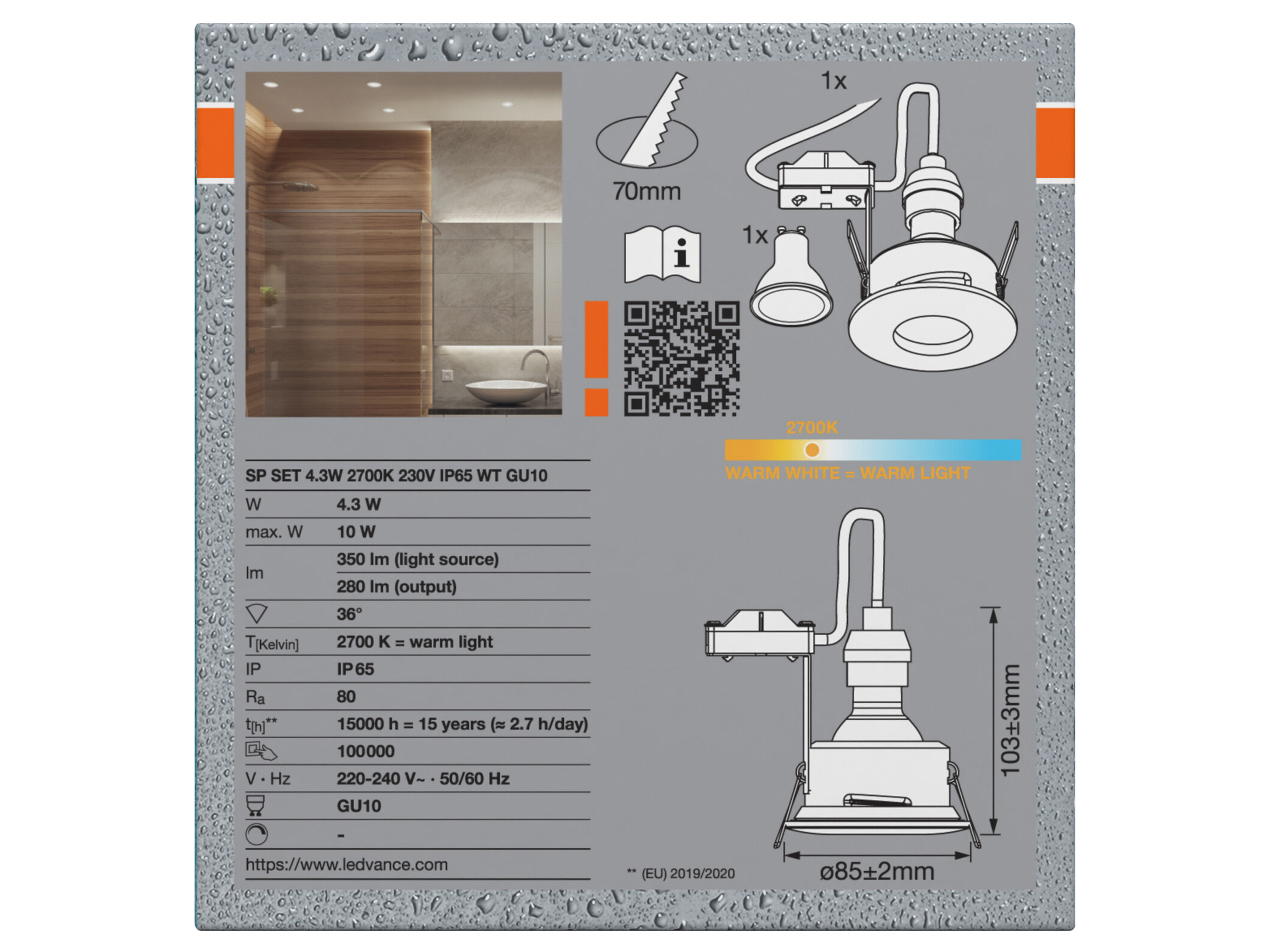 OSRAM Deckeneinbauleuchte mit GU10-Lampe, 4,3W, 280lm, 2700K, IP65, warmweiß OSRAM Deckeneinbauleuchte mit GU10-Lampe, 4,3W, 280lm, 2700K, IP65, warmweiß