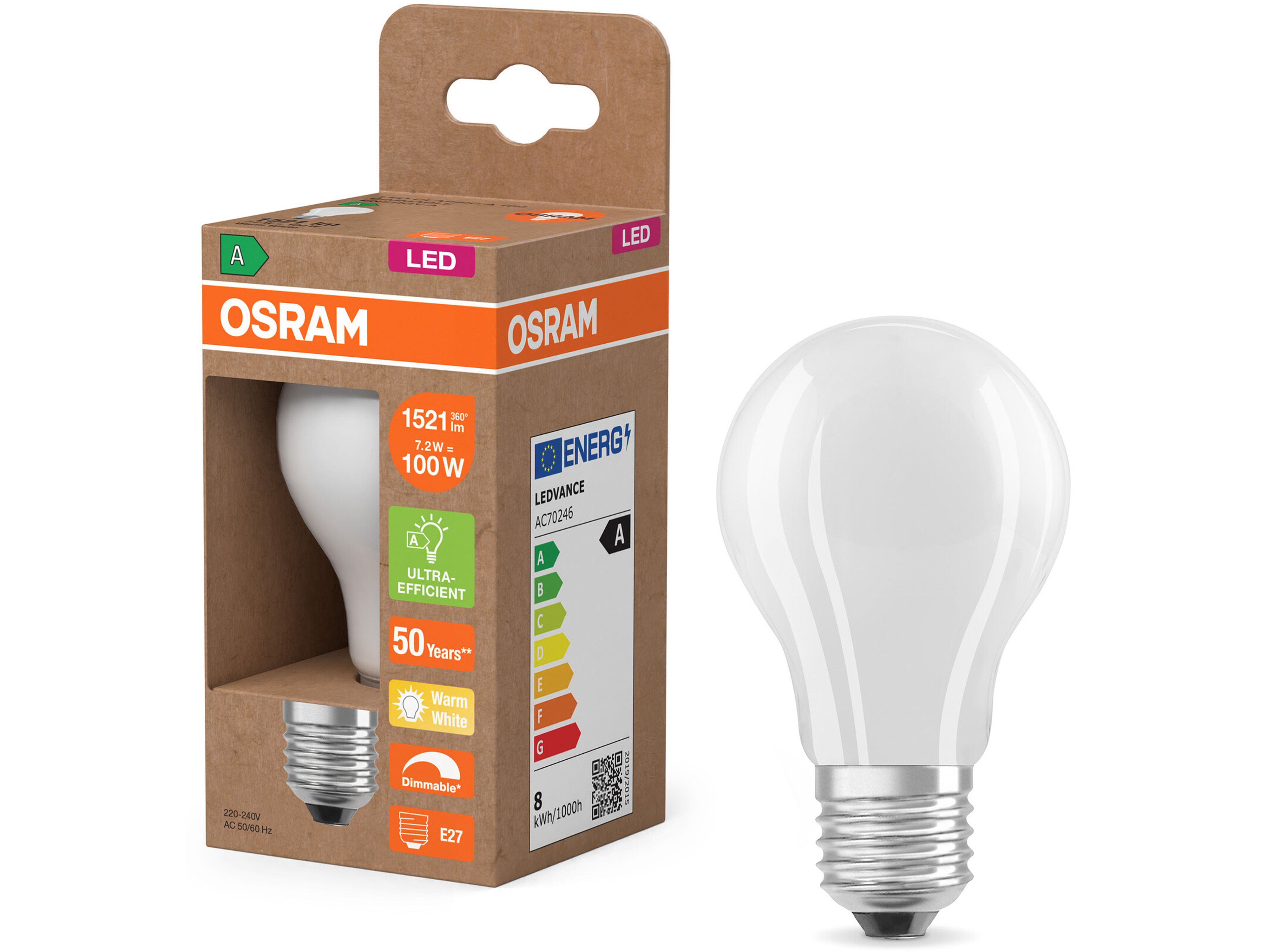 OSRAM LED-Lampe Classic, dimmbar, E27, 7,2 W, 2700 K, EEK: A, 1521 lm, IP20, warmweiß OSRAM LED-Lampe Classic, dimmbar, E27, 7,2 W, 2700 K, EEK: A, 1521 lm, IP20, warmweiß