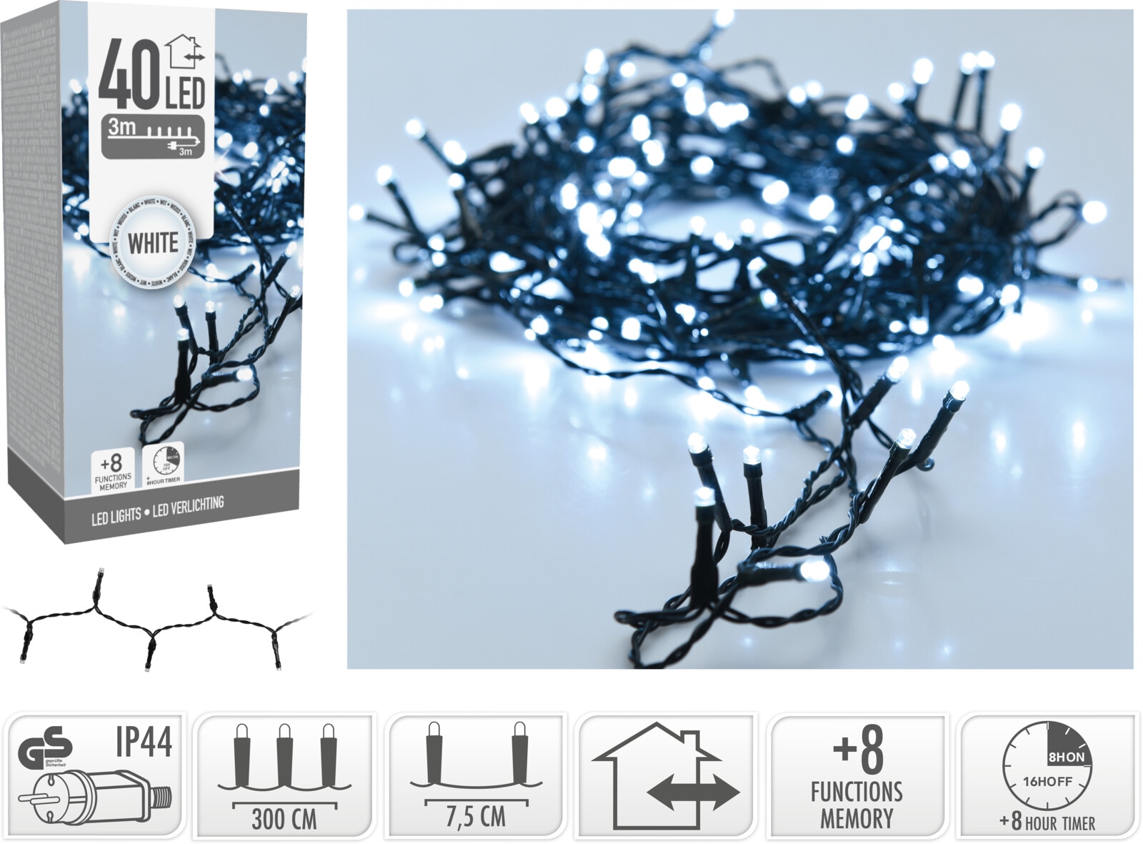 LED-Lichterkette kaltweiß, 40 LEDs, Grünes Kabel, Innen/Außen, 6m KOOPMAN LED-Lichterkette kaltweiß, 40 LEDs, Grünes Kabel, Innen/Außen, 6m