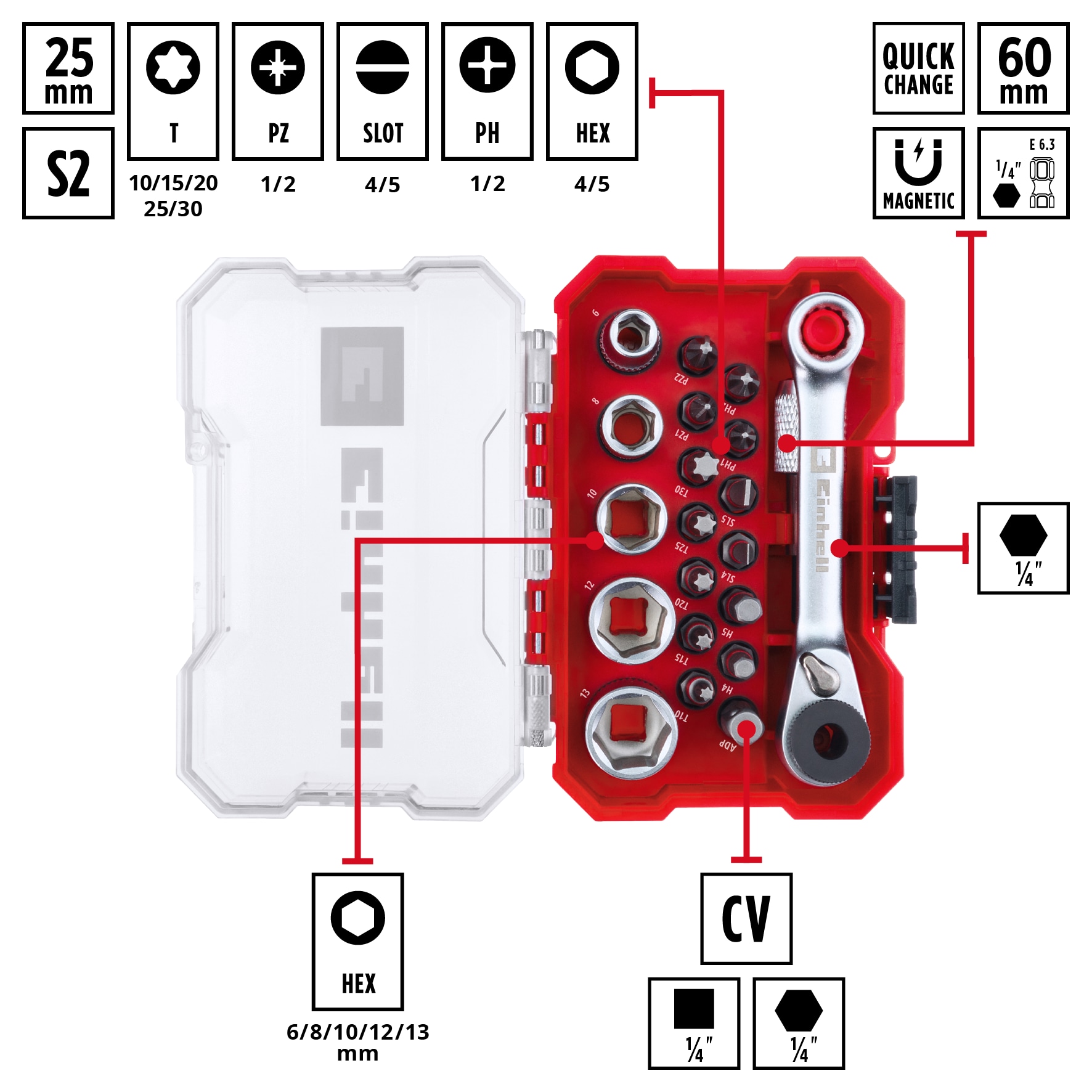 EINHELL Bit- & Steckschlüssel-Set, 118683, XS-Case, 21-teilig EINHELL Bit- & Steckschlüssel-Set, 118683, XS-Case, 21-teilig