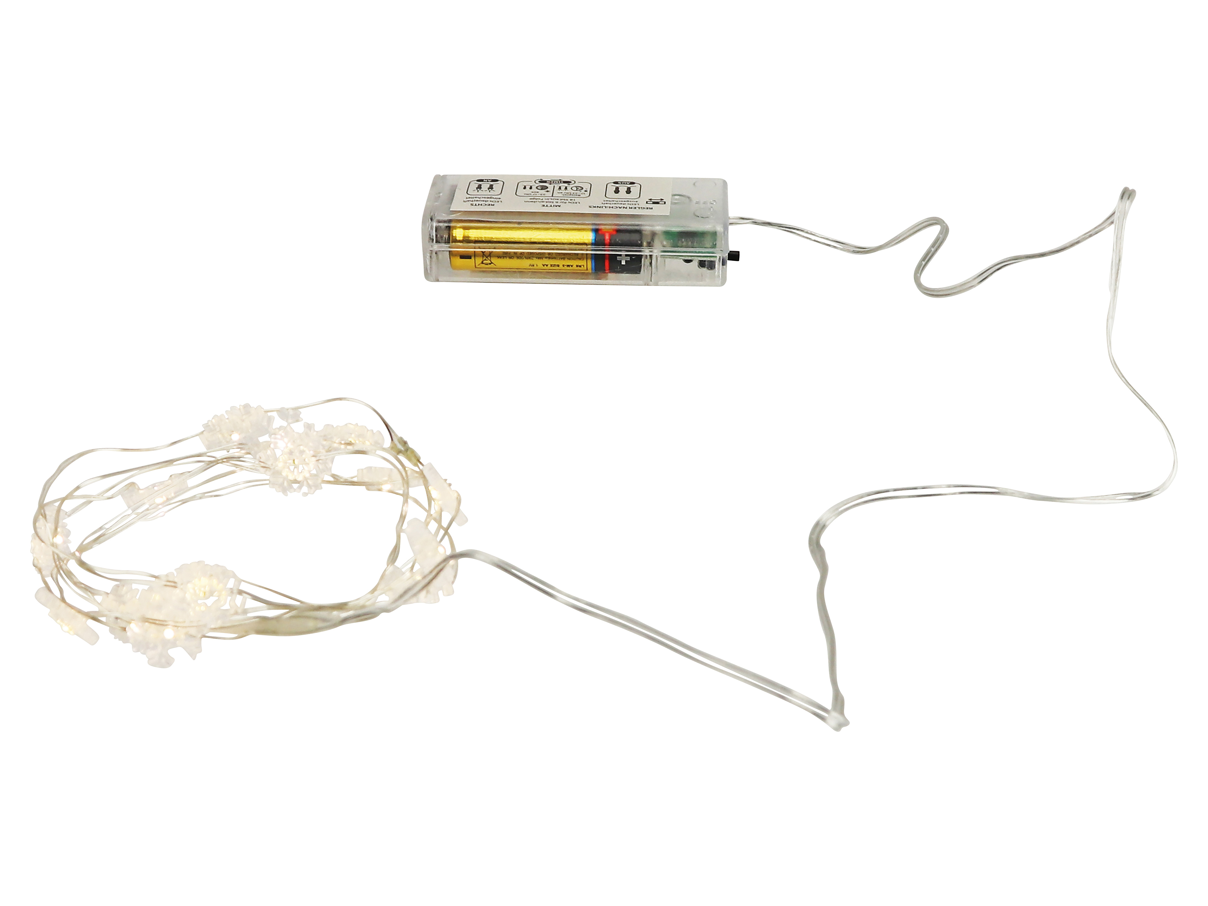 Micro-LED-Lichterkette, Schneeflocken, 3V, 15 LEDs, Silberdraht, warmweiß, 1,90m Micro-LED-Lichterkette, Schneeflocken, 3V, 15 LEDs, Silberdraht, warmweiß, 1,90m