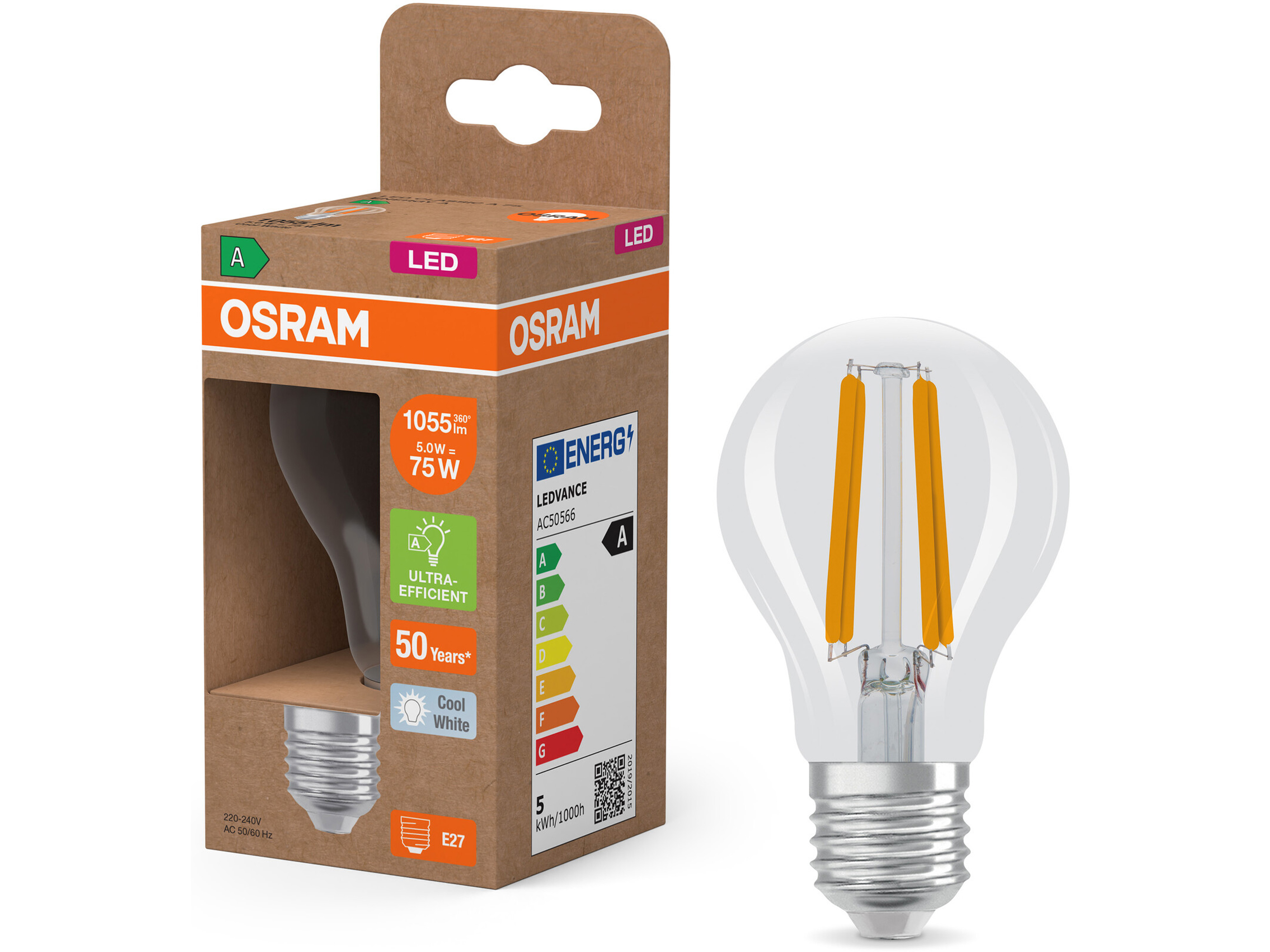 OSRAM LED-Leuchte, Kolbenform, E27, 5 W, 4000 K, EEK: A, 1055 lm, neutralweiß