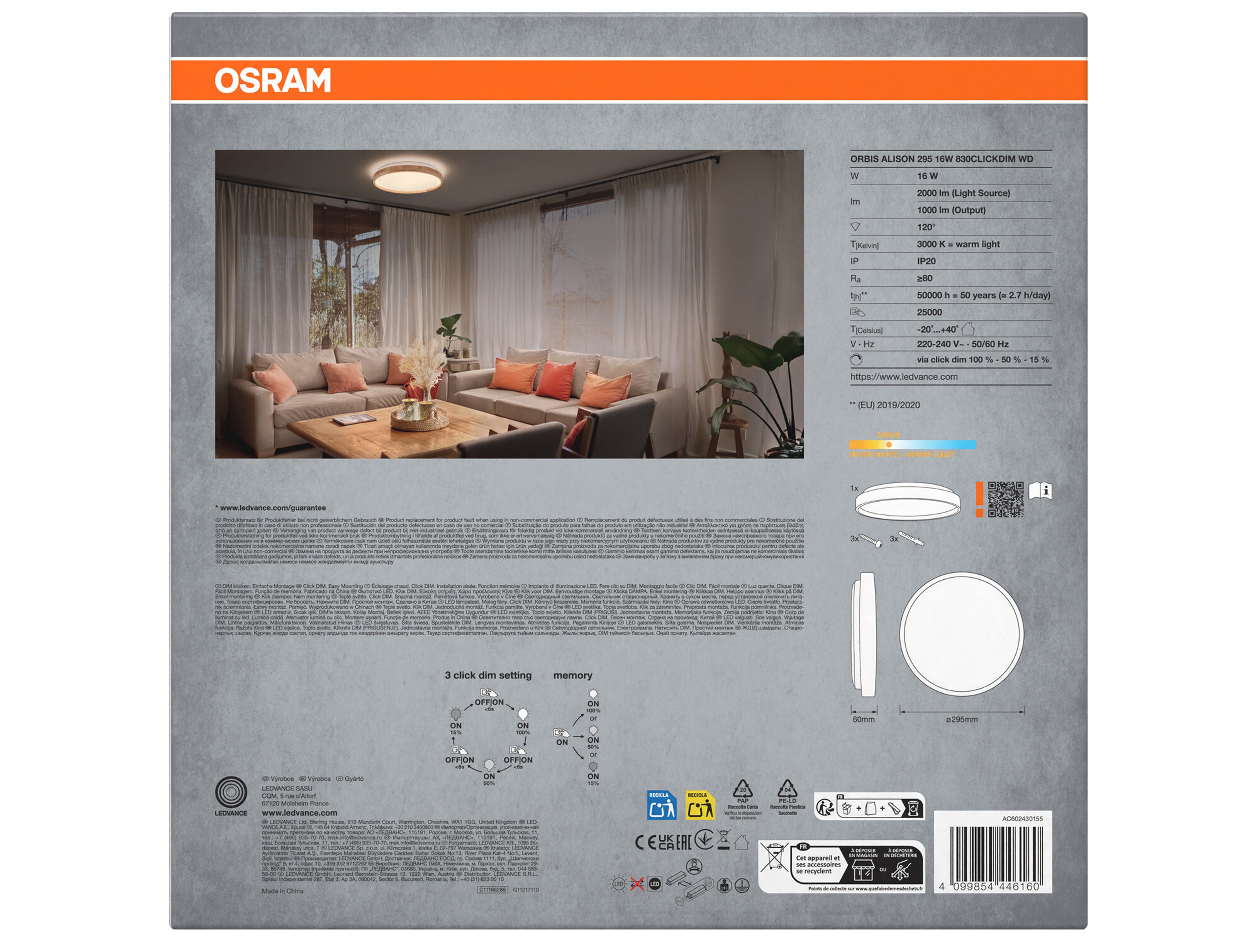 OSRAM LED-Deckenleuchte mit Holzring, 16 W, 3000 K, Dimmbar, EEK: E, 1000 lm, IP20, warmweiß OSRAM LED-Deckenleuchte mit Holzring, 16 W, 3000 K, EEK: E, 1000 lm, IP20, warmweiß