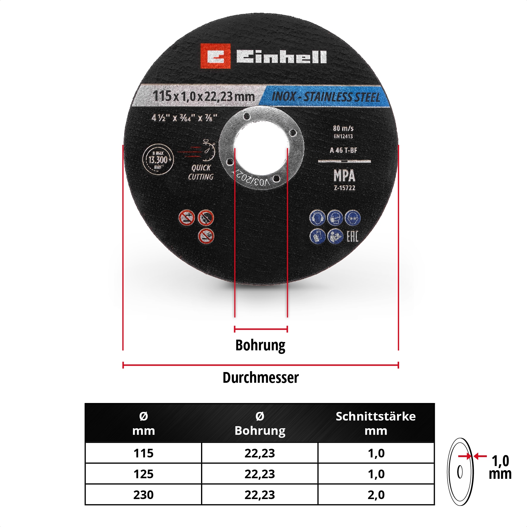 EINHELL Trennscheiben, 711525, 115x1,0 mm, 10 Stück EINHELL Trennscheiben, 711525, 115x1,0 mm, 10 Stück