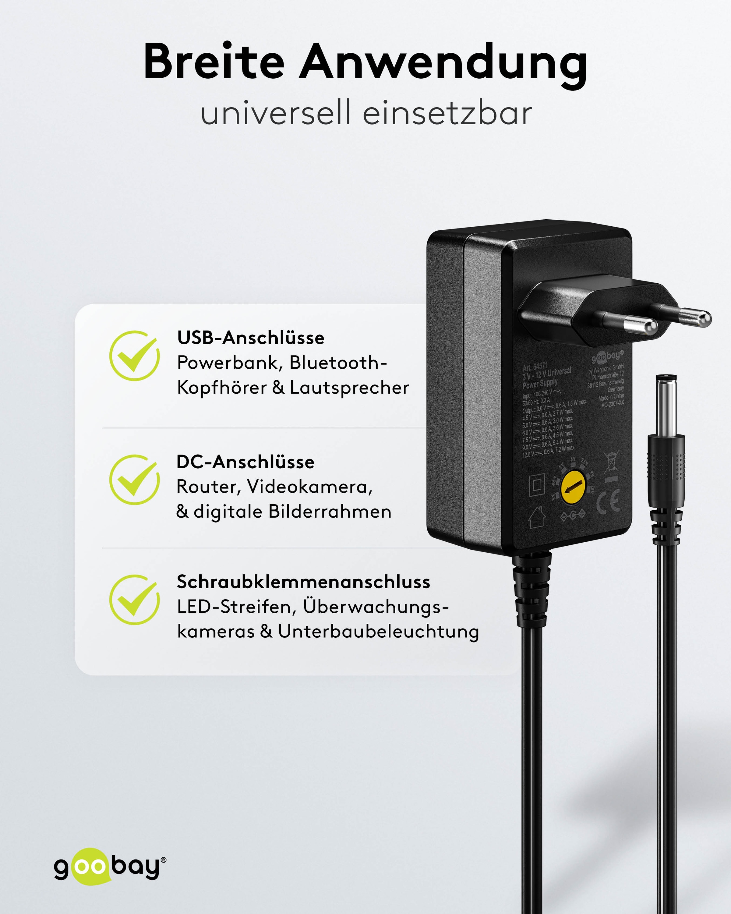 GOOBAY Universal-Netzteil 64571, 3...12 V-/7,2 W, 11-Adapter, inkl. USB-Adapter