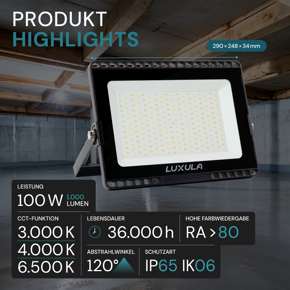 LUXULA LED-Fluter, EEK: F, 100W, 10000lm, CCT, schwarz