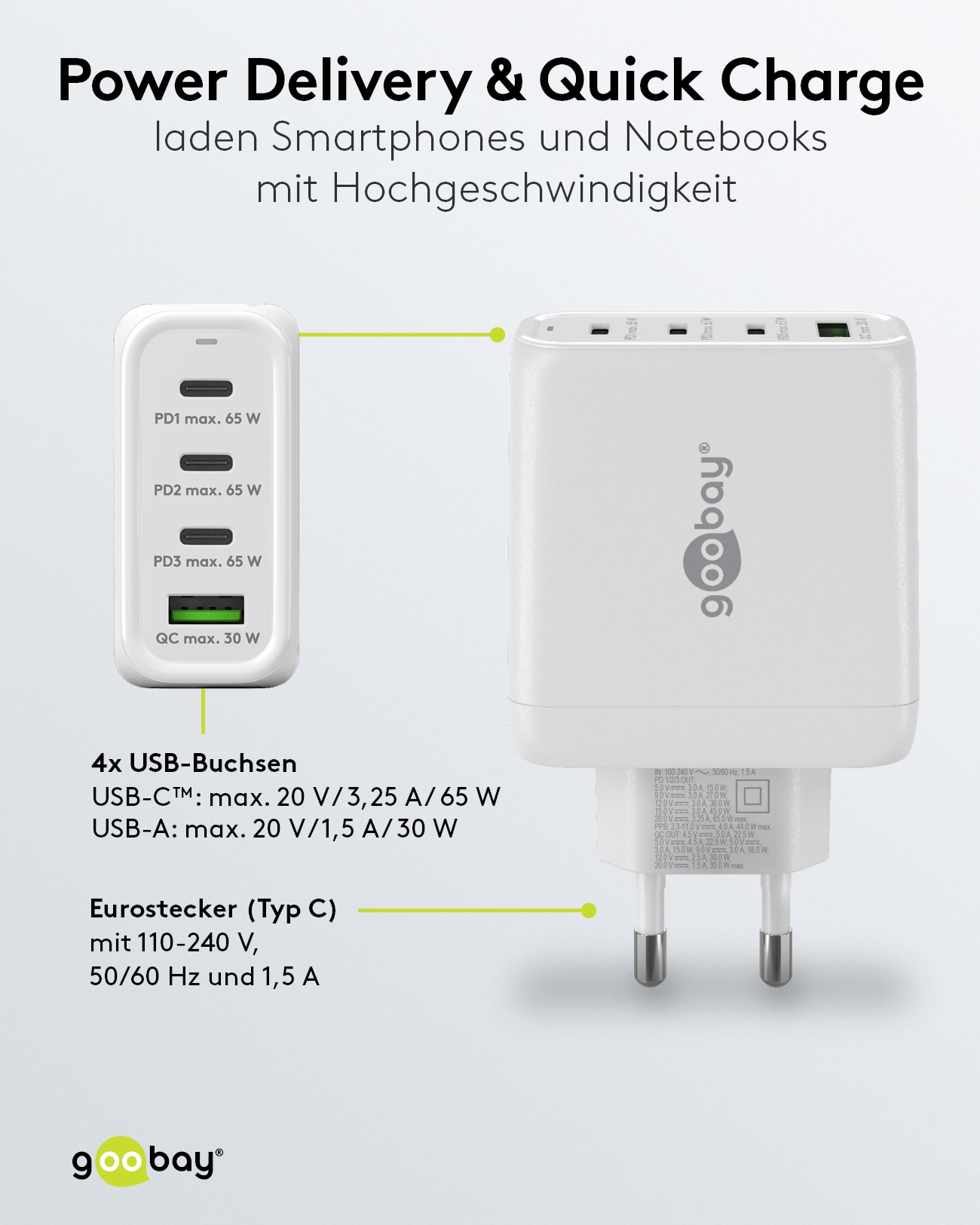 GOOBAY USB-Lader 64822, 68 W, 4-fach, 3x C PD, 1x A QC GaN