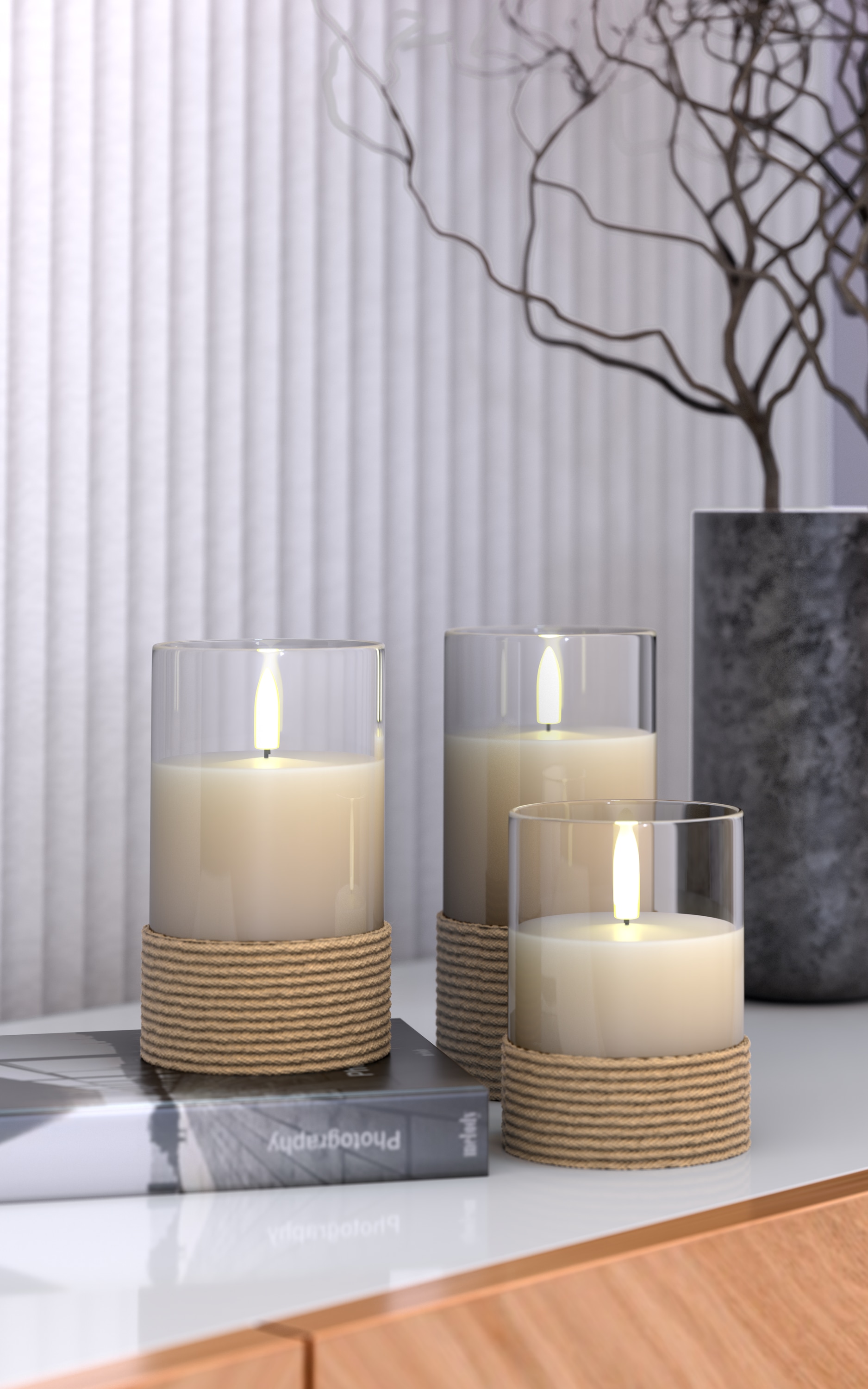 GOOBAY LED-Echtwachskerzen, Glas, Timerfunktion, 3 Stück, warmweiß, mit Hanfschnur umwickelt GOOBAY LED-Echtwachskerzen, Glas, Timerfunktion, 3 Stück, warmweiß, mit Hanfschnur umwickelt