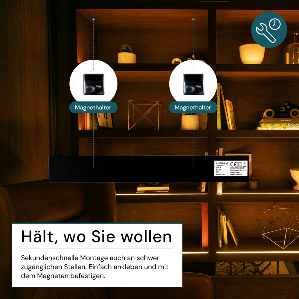 LUXULA LED-Schrankleuchte mit Bewegungsmelder, 2,96W, 850lm, CCT, IP20, schwarz, 30cm