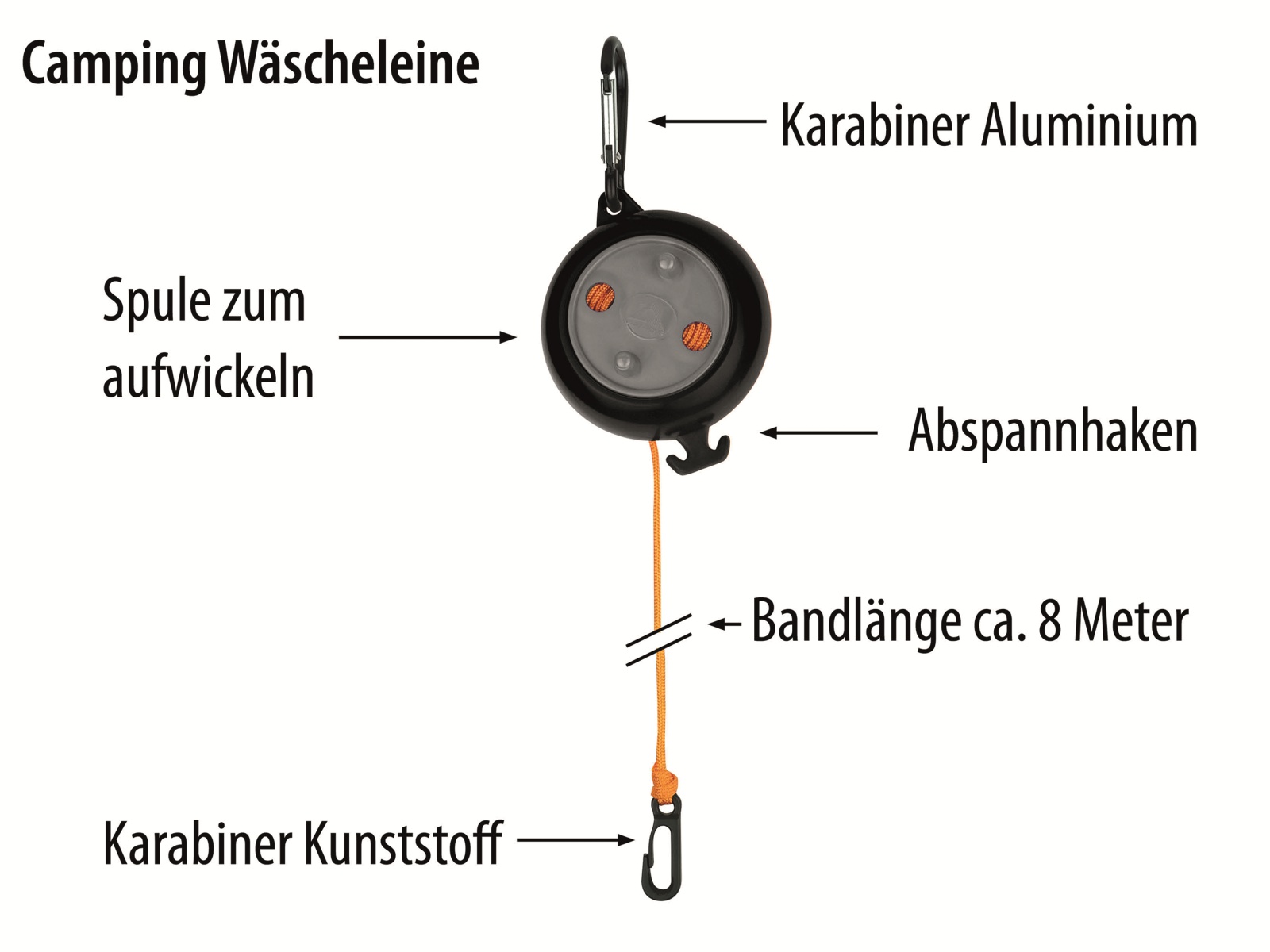 CALIMA CAMPING EQUIPMENT Wäscheleine 46059, aufrollbar, ca. 8 m CALIMA CAMPING EQUIPMENT Wäscheleine 46059, aufrollbar, ca. 8 m