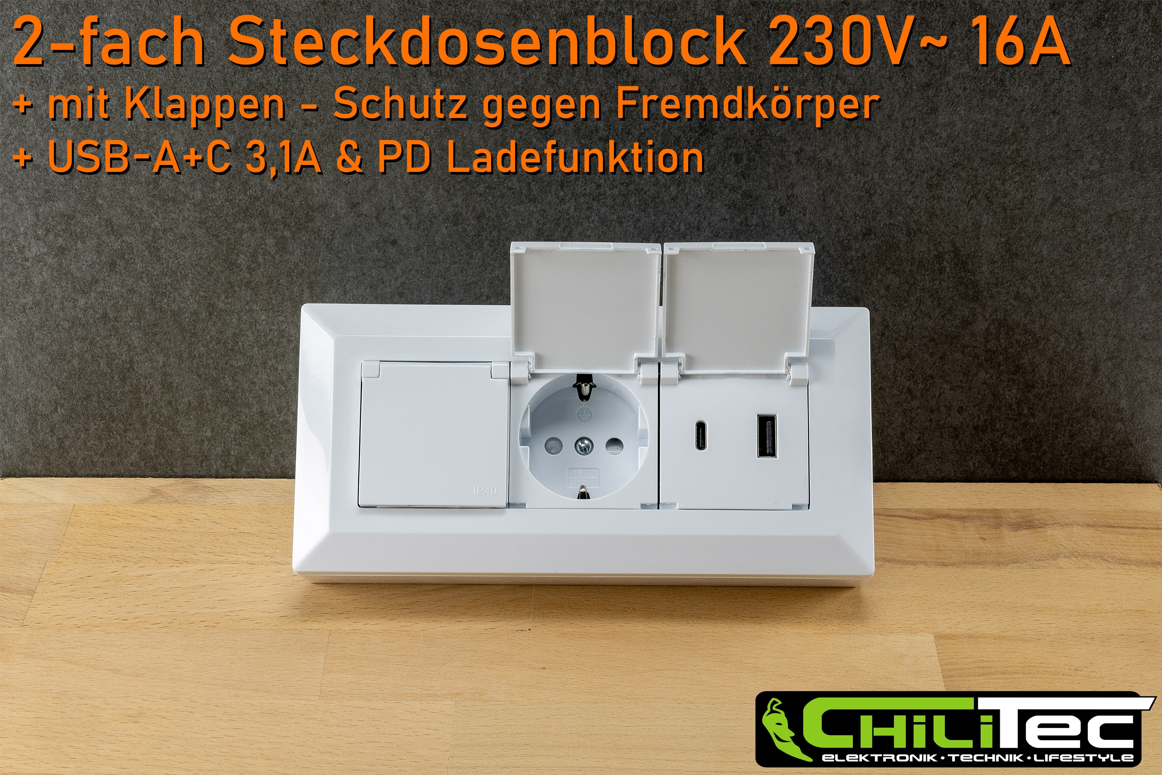 CHILITEC Steckdosenblock 23950, 2-fach, mit Schutzklappen, USB-A+C, weiß