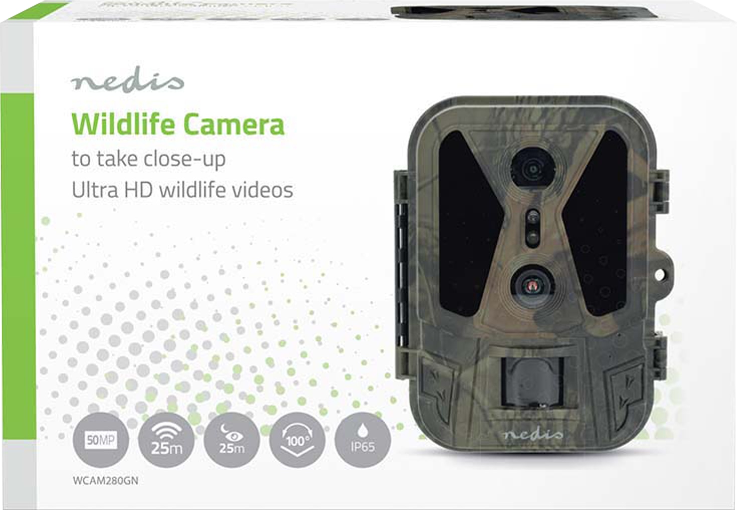 NEDIS Wildkamera WCAM280GN, 4K@10fps, 8 MPixel CMOS, IP65, Schwarz No-Glow IR, Nachtsicht, 25 m, 2,4" LCD