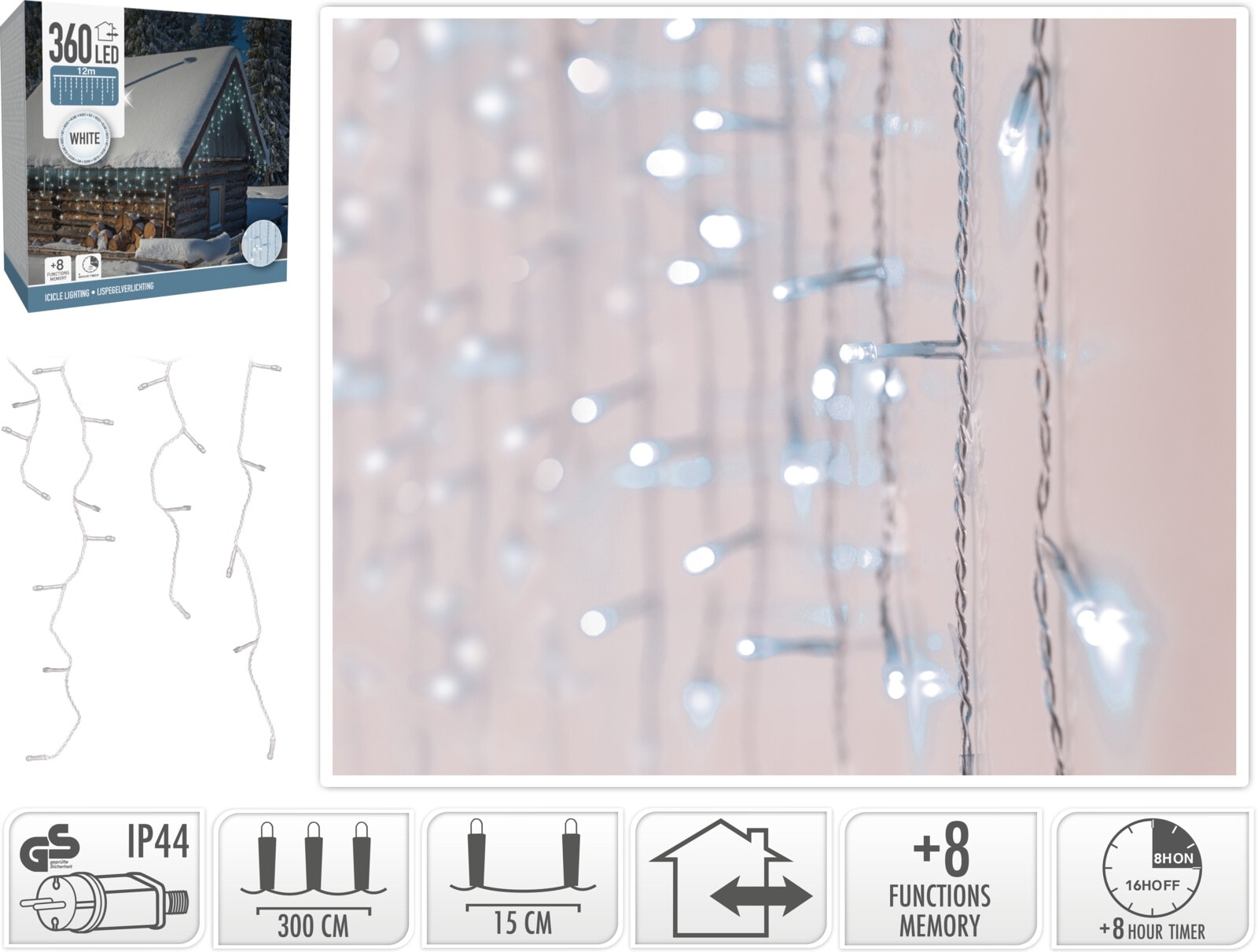 LED-Eiszapfenbeleuchtung kaltweiß, 360 LEDs, transparentes Kabel, Innen/Außen, 15m KOOPMAN LED-Eiszapfenbeleuchtung kaltweiß, 360 LEDs, transparentes Kabel, Innen/Außen, 15m