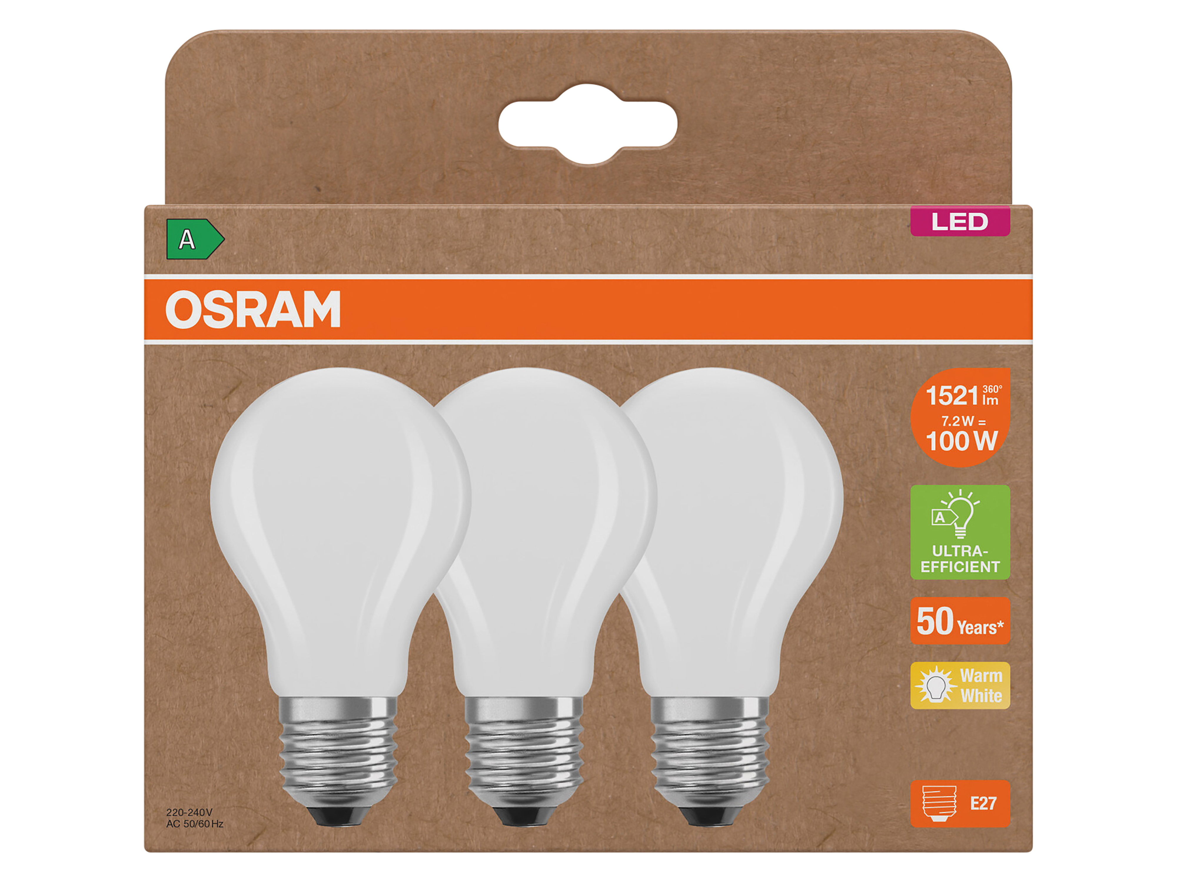 OSRAM LED-Lampe, E27, 7,2W, 2700K, EEK: A, 1521lm, warmweiß, IP20, matt, 3 Stück OSRAM LED-Lampe, E27, 7,2W, 2700K, EEK: A, 1521lm, warmweiß, IP20, matt, 3 Stück
