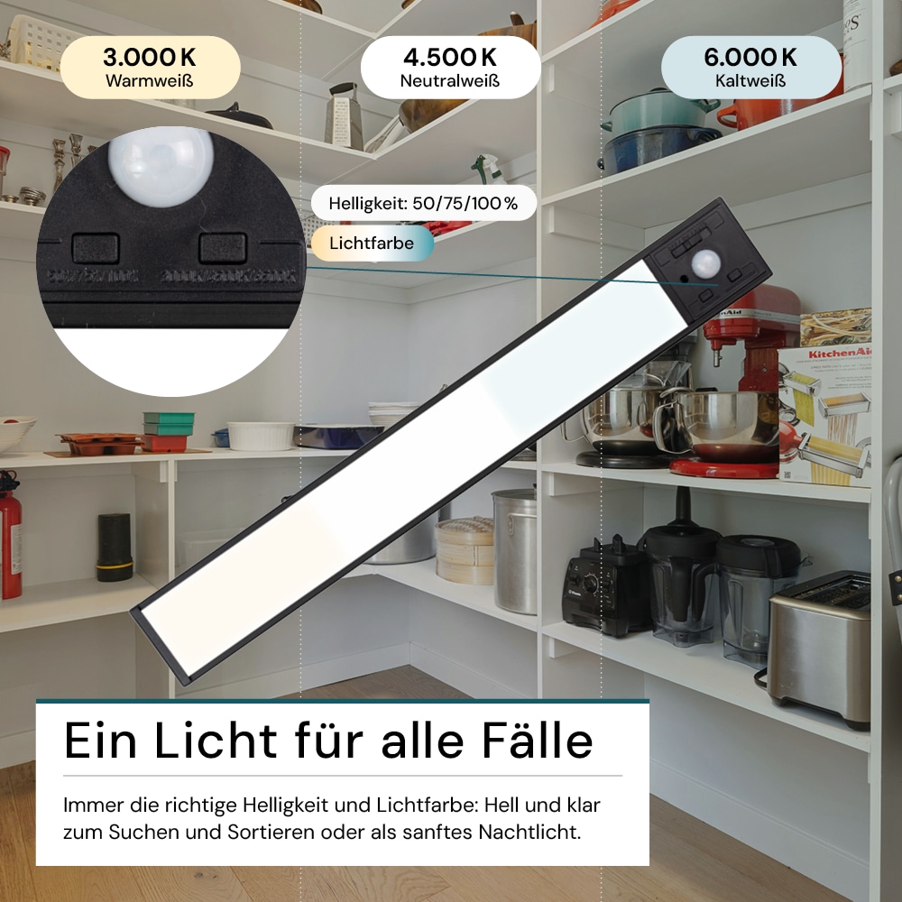LUXULA LED-Schrankleuchte mit Bewegungsmelder, 2,96W, 850lm, CCT, IP20, schwarz, 30cm