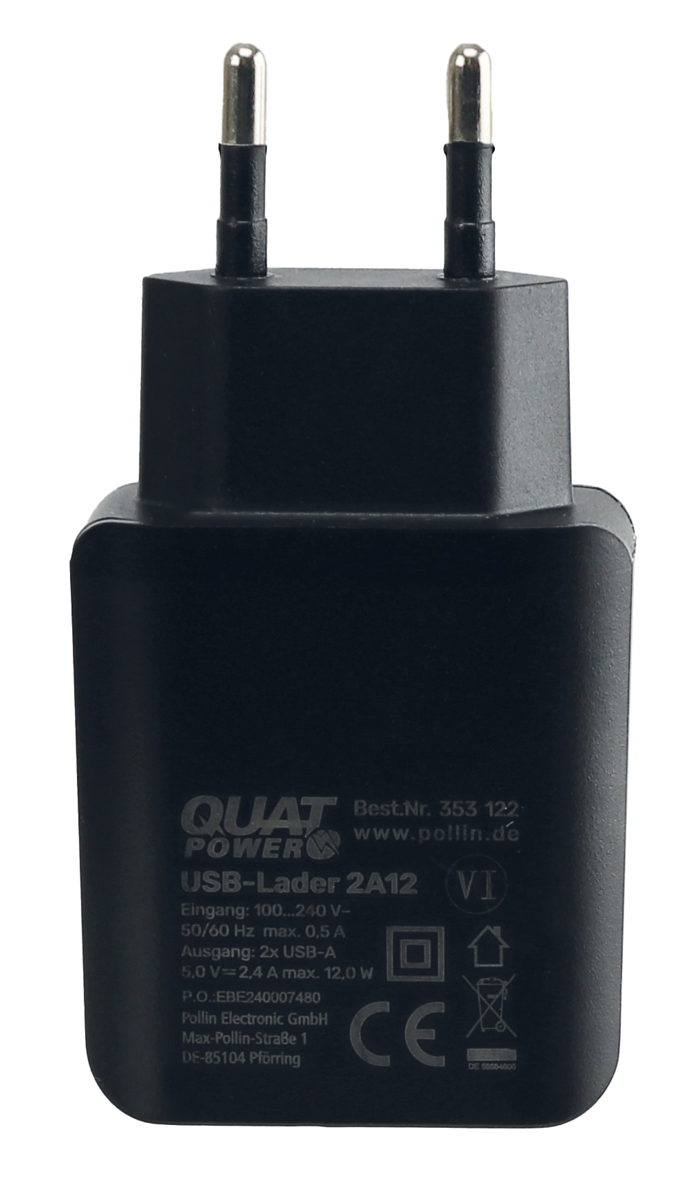 QUATPOWER USB-Lader 2A12, 2-fach, 2,4 A, schwarz QUATPOWER USB-Lader 2A12, 2-fach, 2,4 A, schwarz