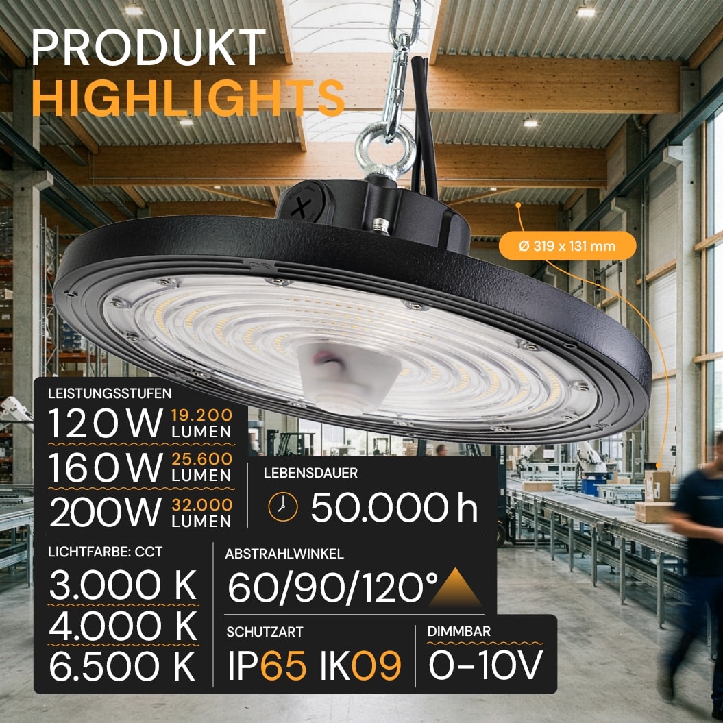 ENOVALITE LED-HighBay-Leuchte, UFO, 120...200 W, CCT, EEK: C, 19200...32000 lm, dimmbar, schwarz ENOVALITE LED-HighBay-Leuchte, UFO, 120...200 W, CCT, EEK: C, 19200...32000 lm, dimmbar, schwarz