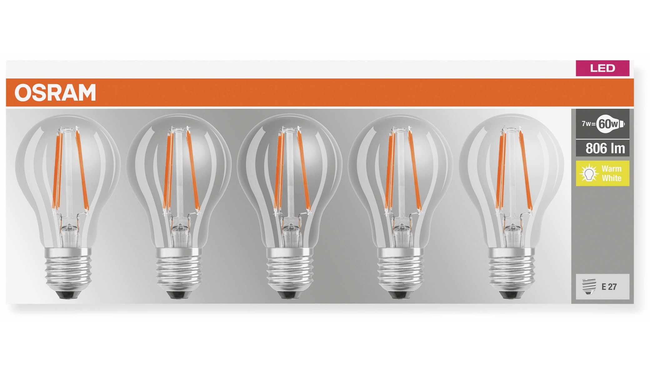 OSRAM LED-Lampe BASE CLASSIC A, E27, EEK: E, 7 W, 806 lm, 2700 K, 5 Stk.