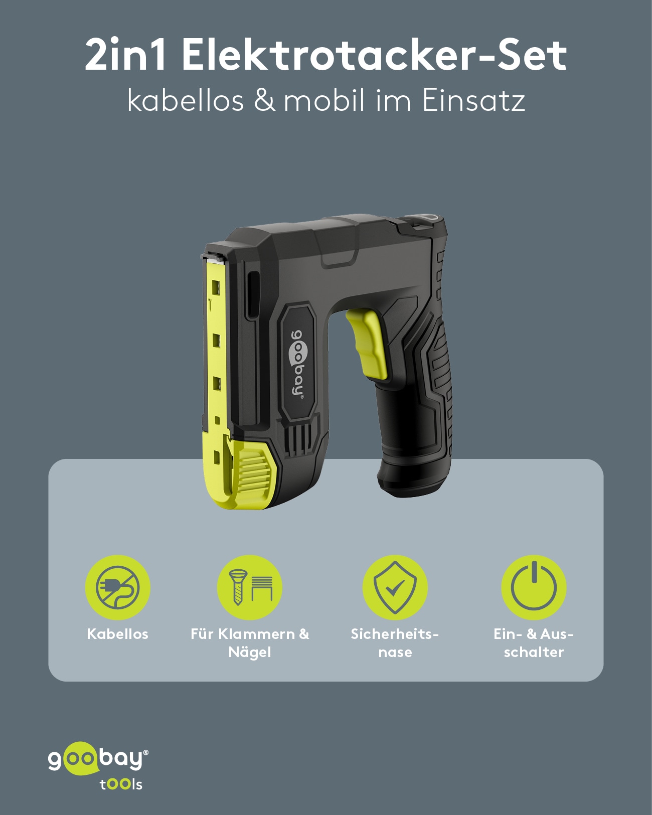 GOOBAY TOOLS 2in1 Akku-Tacker, 77819, mit 2.000 Tackernadeln und 500 Nägeln GOOBAY TOOLS 2in1 Akku-Tacker, 77819, mit 2.000 Tackernadeln und 500 Nägeln