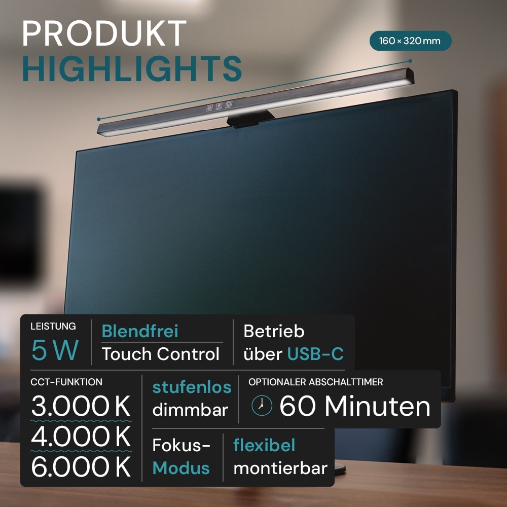 LUXULA LED-Monitorleuchte, 5W, EEK: G, 250lm, CCT, IP20, Touch Control, schwarz, 50 cm LUXULA LED-Monitorleuchte, 5W, EEK: G, 250lm, CCT, IP20, Touch Control, schwarz, 50 cm