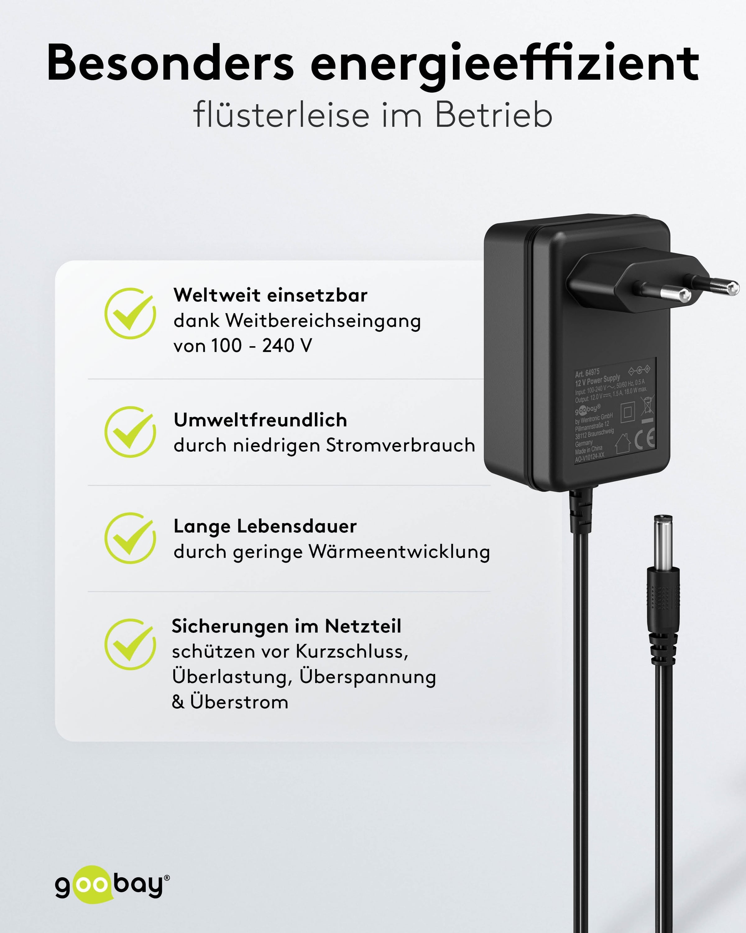 GOOBAY Universal-Netzteil 64975, 12 V-/1 A, 18 W, 5,5x2,1 mm, schwarz GOOBAY Universal-Netzteil 64975, 12 V-/1 A, 18 W, 5,5x2,1 mm, schwarz