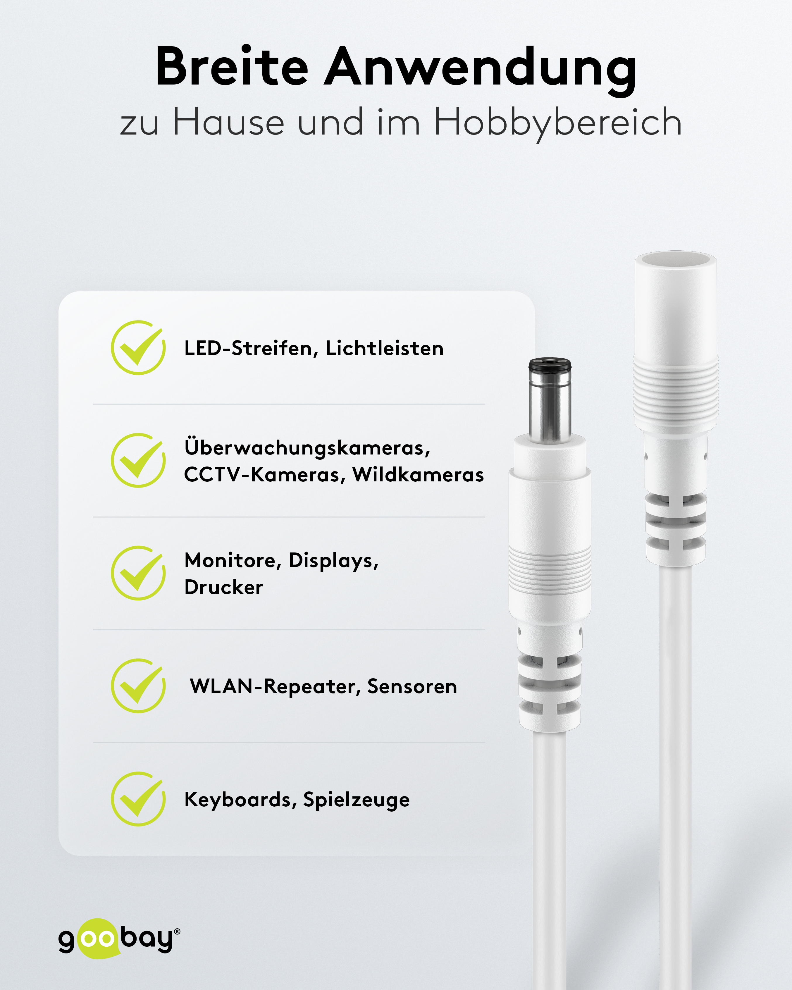 GOOBAY DC-Adapterkabel 2,1 mm, DC-Stecker auf DC-Kupplung, weiß, 3 m GOOBAY DC-Adapterkabel 2,1 mm, DC-Stecker auf DC-Kupplung, weiß, 3 m