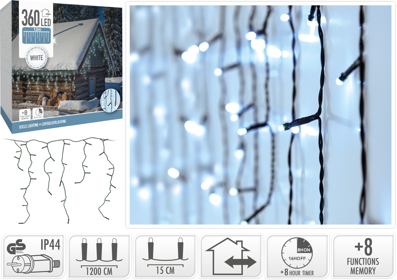LED-Eiszapfenbeleuchtung kaltweiß, 360 LEDs, Grünes Kabel, Innen/Außen, 15m KOOPMAN LED-Eiszapfenbeleuchtung kaltweiß, 360 LEDs, Grünes Kabel, Innen/Außen, 15m