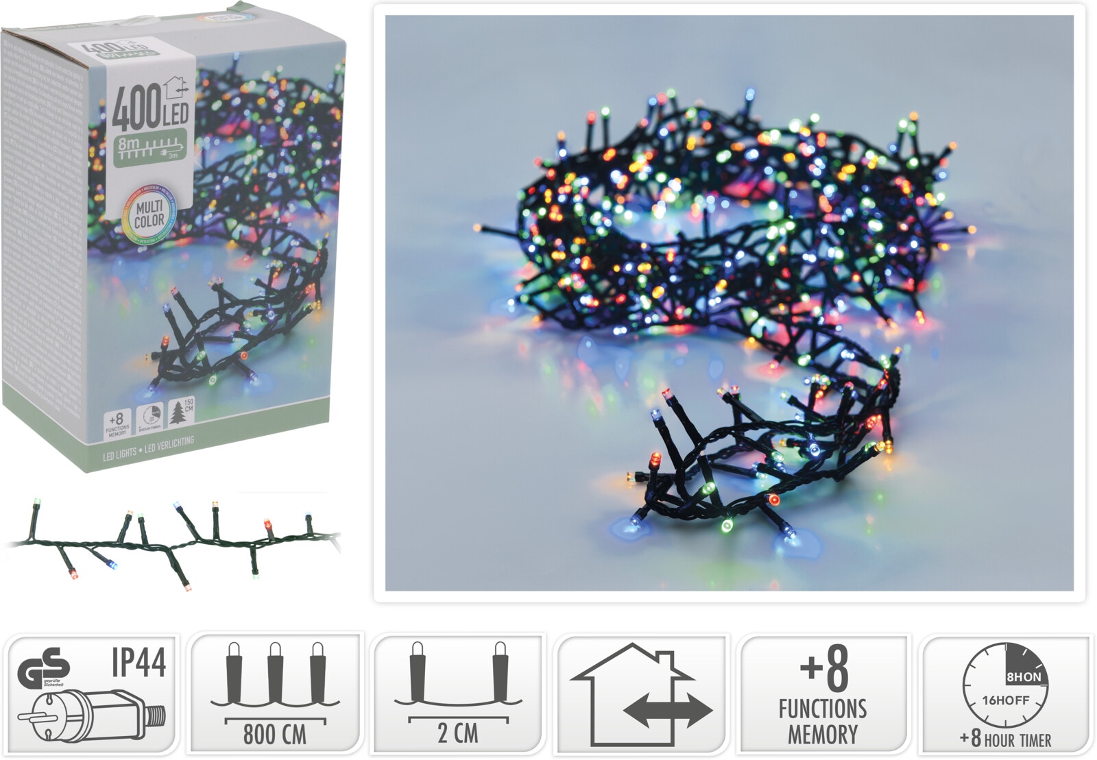 LED-Clusterlichterkette bunt, 400 LEDs, Grünes Kabel, Innen/Außen, 11m KOOPMAN LED-Clusterlichterkette bunt, 400 LEDs, Grünes Kabel, Innen/Außen, 11m